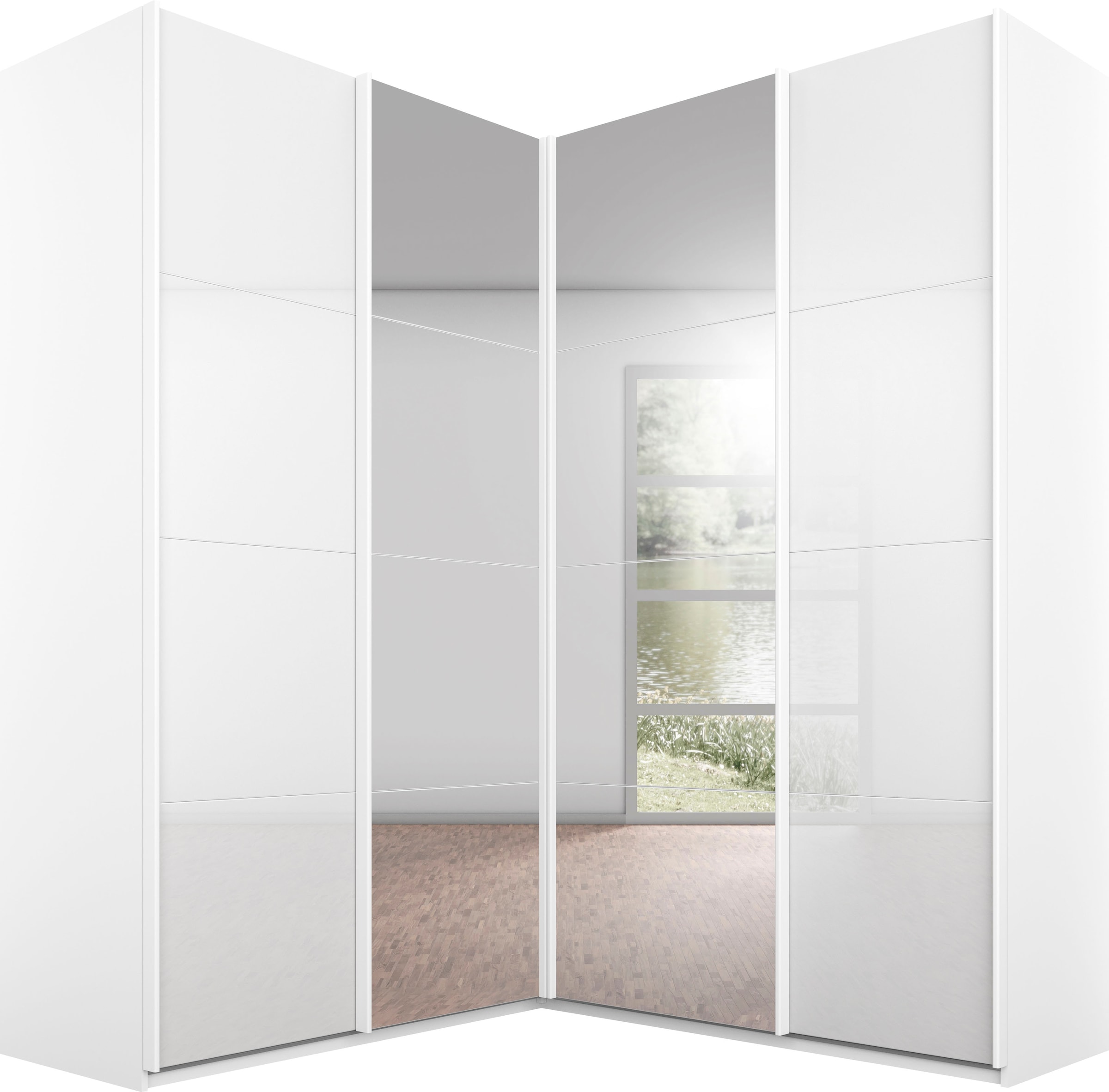 rauch 1100000002199 "Schrank Garderobe Eckkleiderschrank QUADRA Front in Dekor/Hochglanz" in den Höhen 210/229 cm, inkl. Soft-Close-Funktion, großer Eckschrank mit viel Stauraum, Maß 181x187 cm MADE IN GERMANY