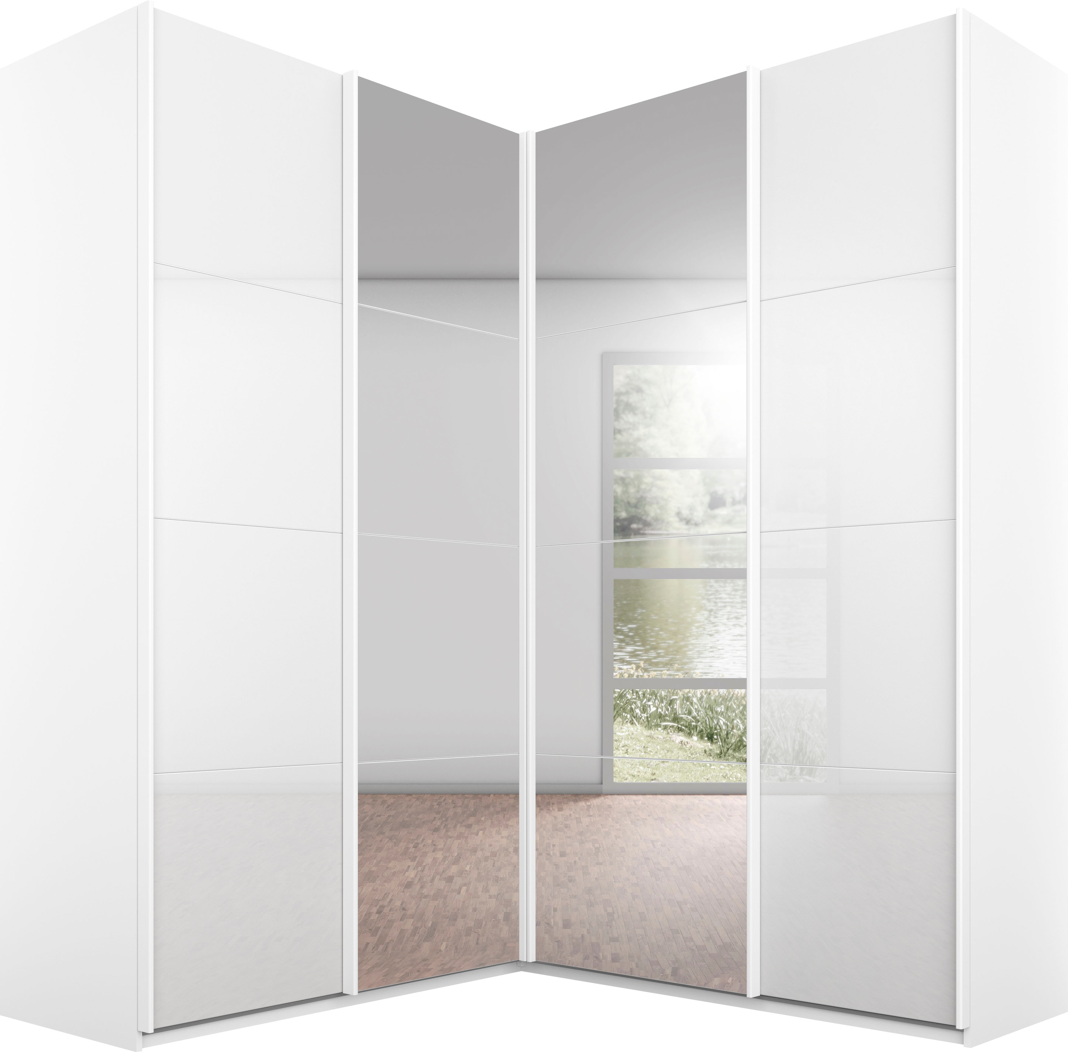 rauch Schwebetürenschrank "Schrank Garderobe Eckkleiderschrank QUADRA Front in Dekor/Hochglanz" Maß 181x187 cm, Höhen 210/229 cm, inkl. Soft-Close-Funktion, extra großer Eckschrank inkl. Schubladeneinsatz MADE IN GERMANY