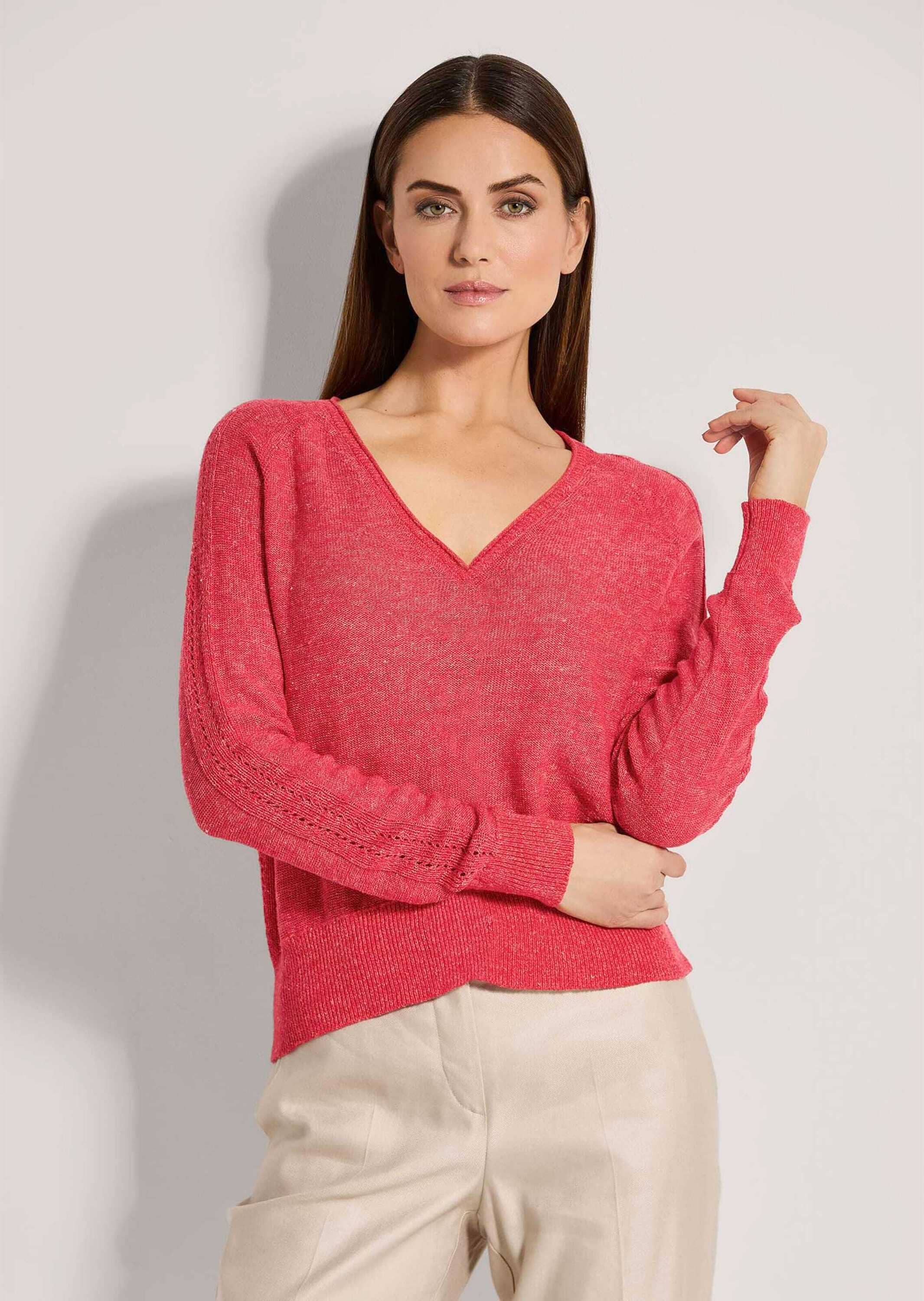 MADELEINE Longpullover »Pullover V-Pullover mit Pointelle-Muster«