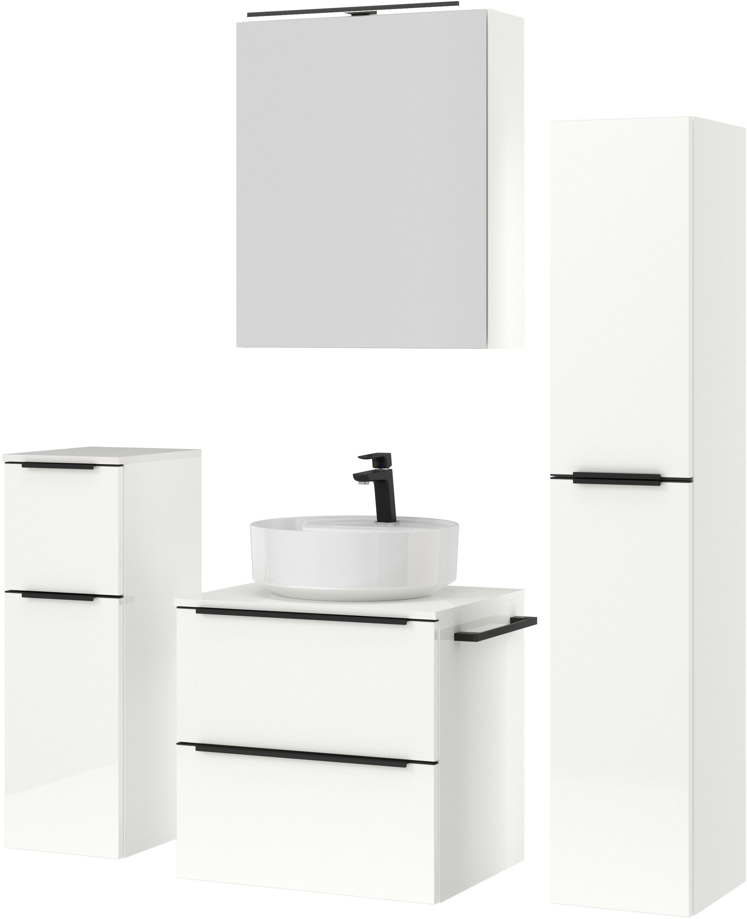 nobilia® Badmöbel-Set »Alvene«, (4 St., vormontiert, mit Soft-Close), inkl. Spiegelschrank mit Beleuchtung und Dimmerfunktion, in 4 Breiten