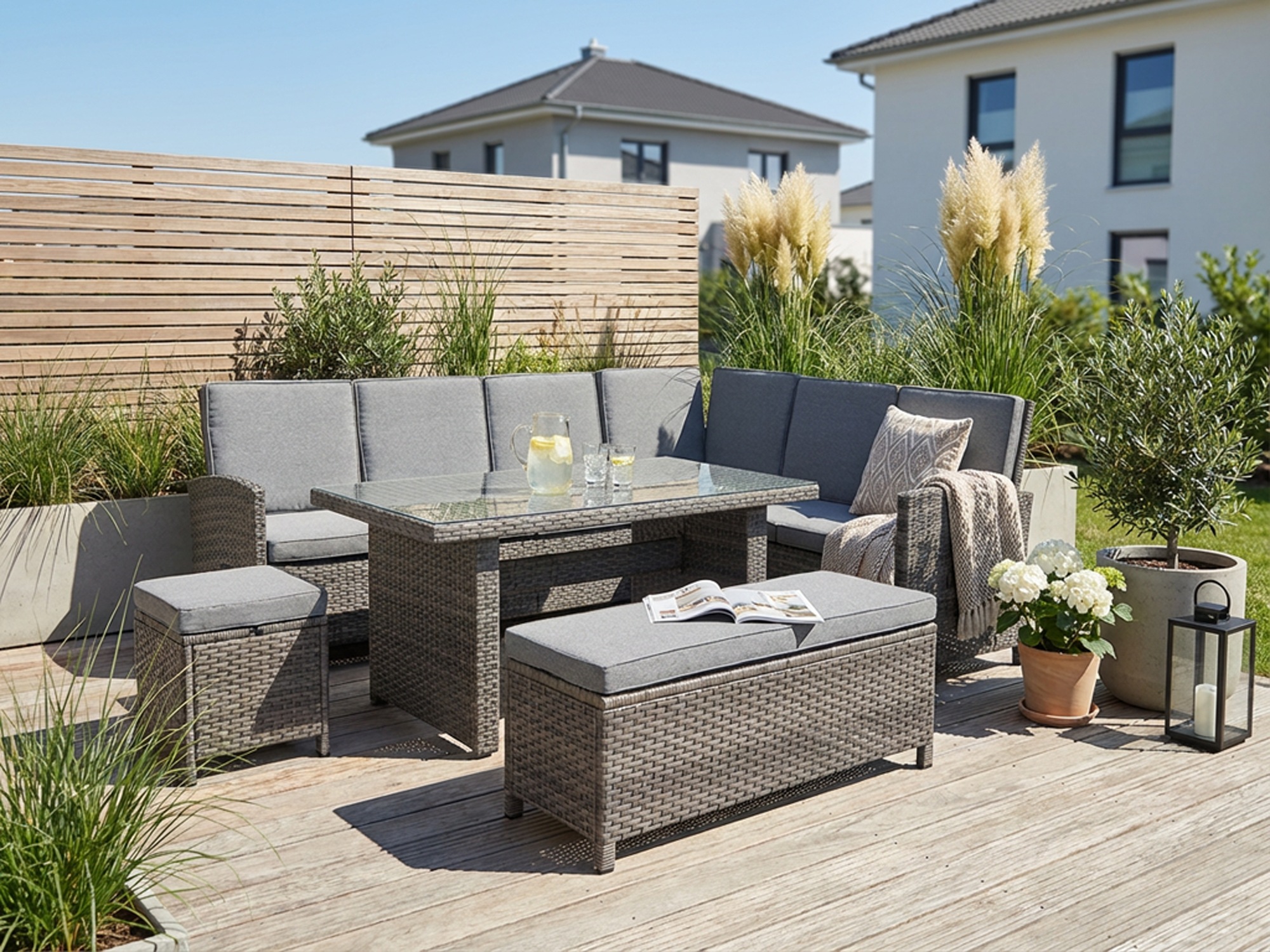 KONIFERA Gartenlounge-Set »Paris« Set, 2x 3er Bank, 1x Sitzbank, 1x Hocker, 1x Tisch 140x80x67cm, Aluminium, 17 Stk. tlg. inkl. Auflagen/Schutzhülle, Polyrattan, Rückenlehne verstellbar