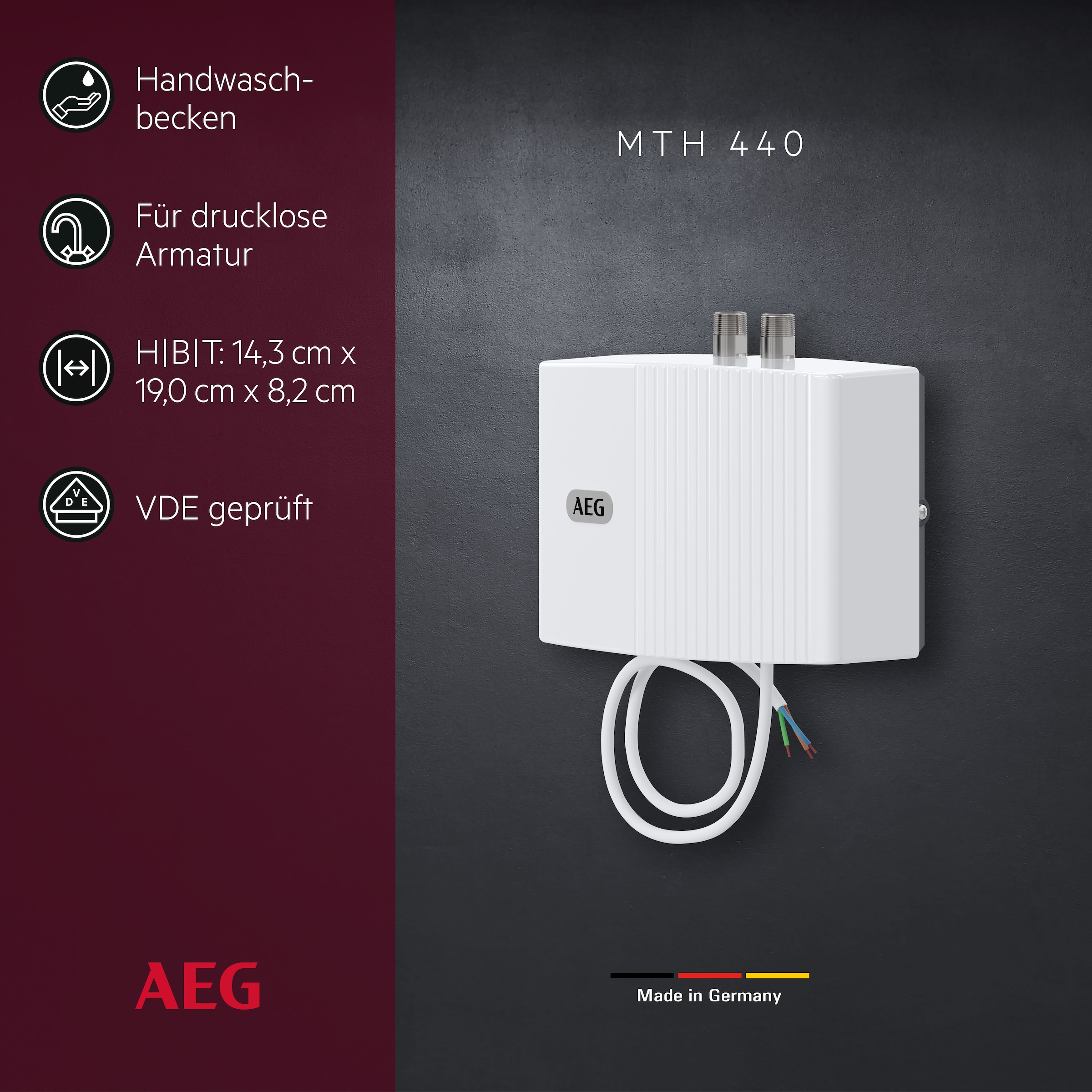 AEG Haustechnik Klein-Durchlauferhitzer »MTH 440 f. Handwaschbecken, 4,4 kW, o. Stecker« Festanschluss 230V, hydraulisch, drucklos