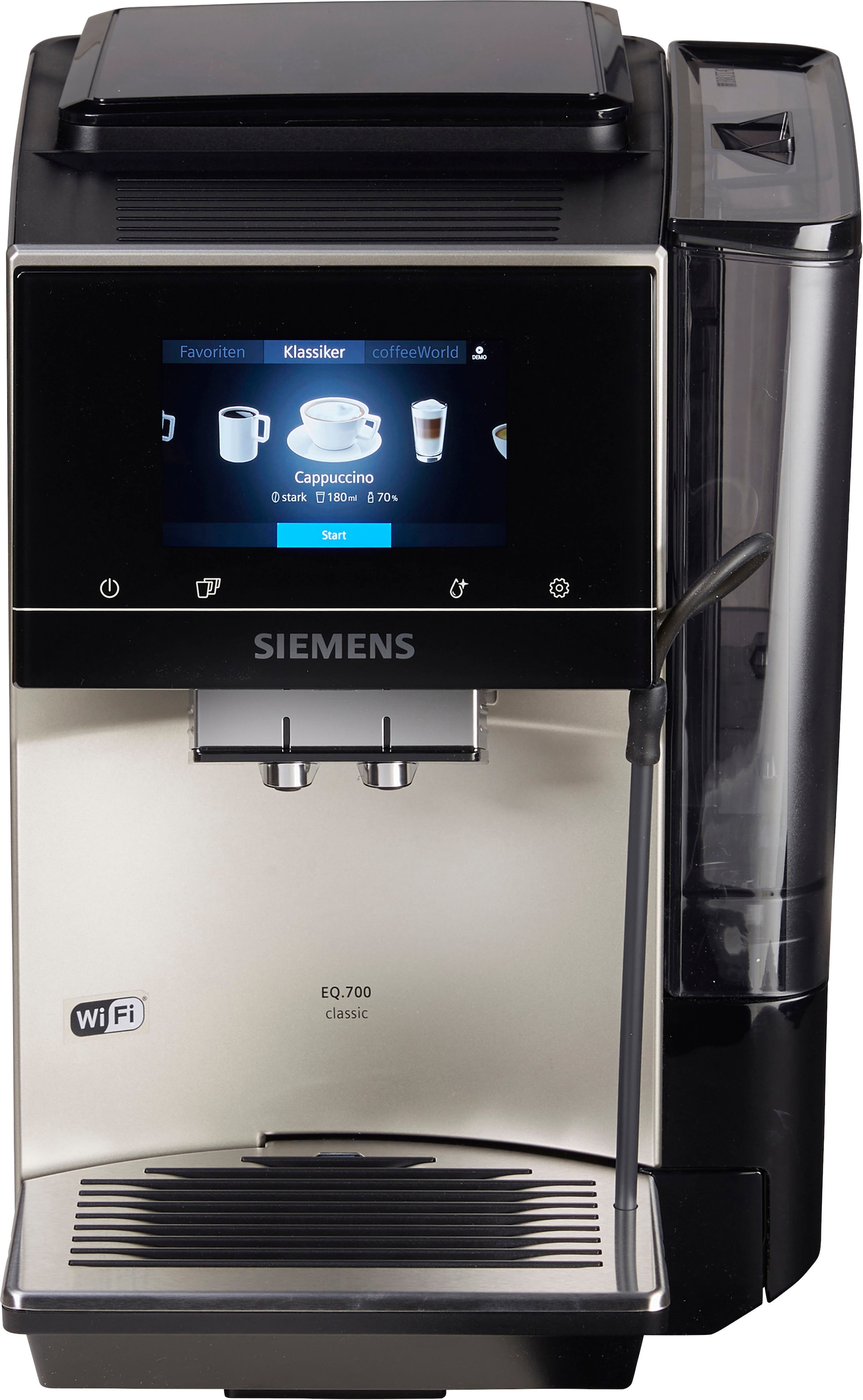 SIEMENS Kaffeevollautomat »EQ.700 Inox Profile BAUR Full-Touch metallic 10 -Display, per bis speicherbar, | silber Milchsystem-Reinigung TP705D47«, Raten