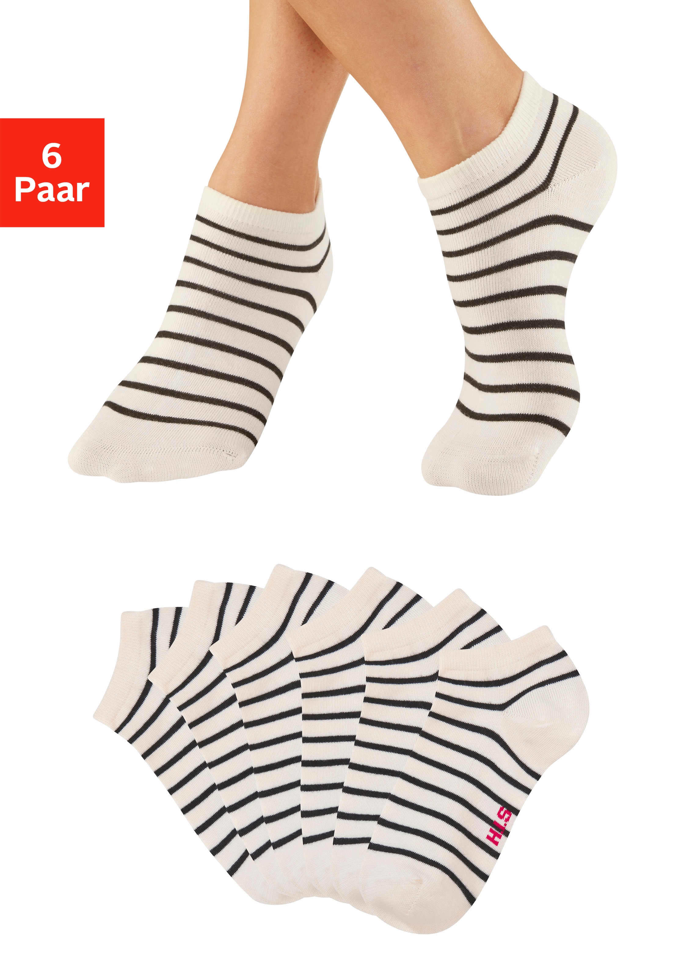 H.I.S 1100000002199 "Damen Sneaker Socken, Geringelte Knöchelsocken, Freizeitsocken" Packung, 6 Paar tlg. mit maritimen Design
