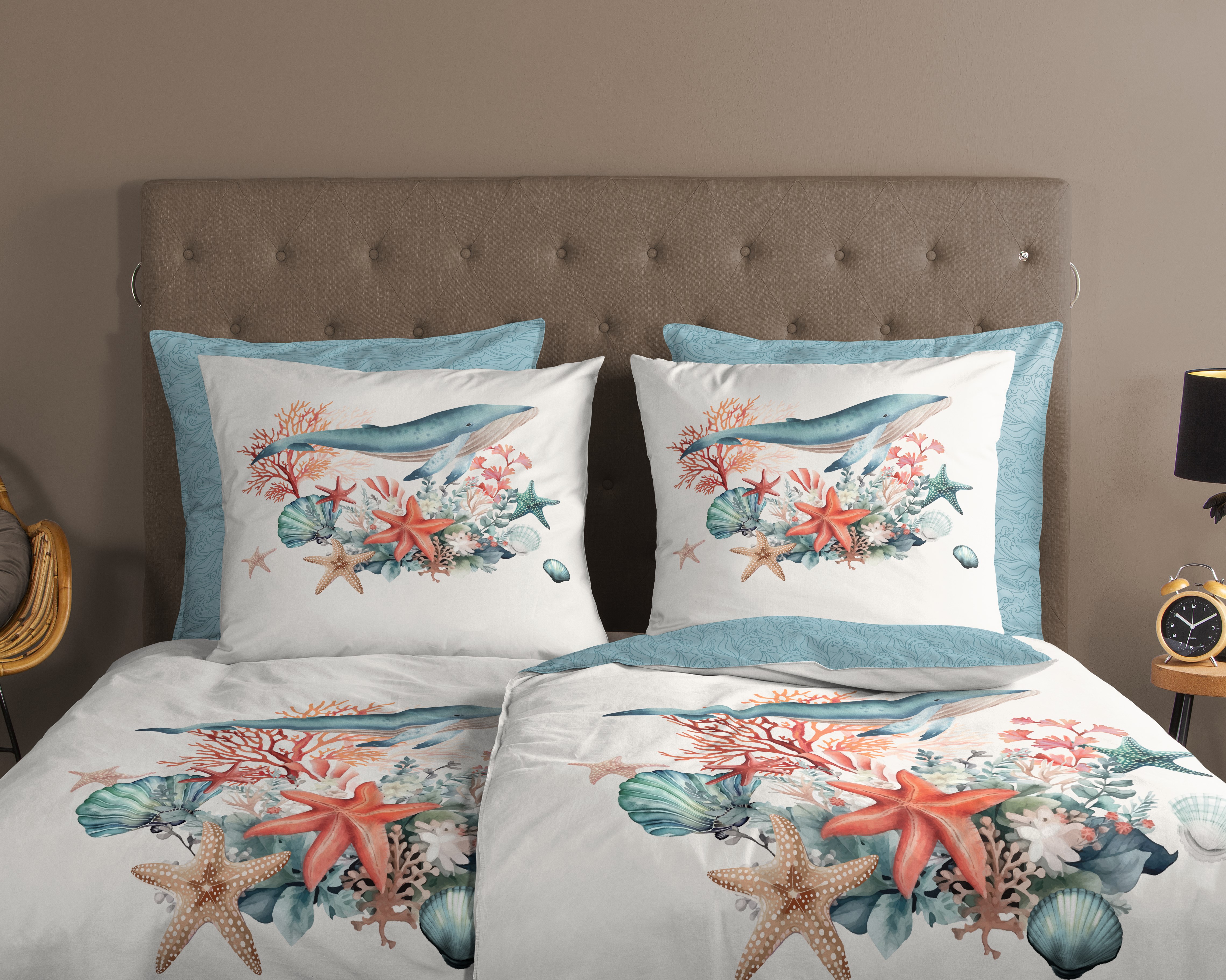 Thumbnail - good morning Wendebettwäsche "Ocean" 2 Stk. 100% Baumwolle, Reißverschluss, Wendeoptik, Maritim, Meer, Türkis Weiß