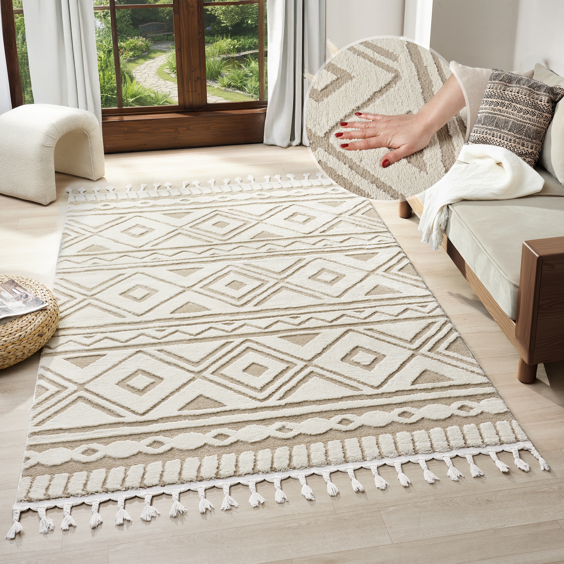 Teppich OTTO HOME "Bonvo" Gr. 1, beige, B:60cm H:19mm L:90cm, Kunstfaser, Teppiche, Teppich, mit Fransen, Hoch-Tief-Struktur, Wohnzimmer, Schlafzimmer, Boho-Style