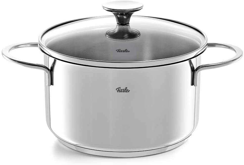 Fissler Topf-Set »Copenhagen«, Edelstahl 18/10, (Set, 9 tlg., Bratentopf 20 cm, je 1 Kochtopf 16/20/24 cm, Stielkasserolle 16 cm), Töpfe mit Glasdeckel, Mess-Skala, Induktion, backofengeeignet