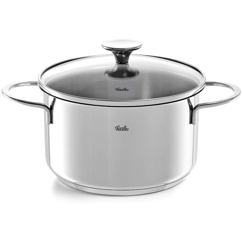 Fissler Topf-Set »Copenhagen«, Edelstahl 18/10, (Set, 9 tlg., Bratentopf 20 cm, je 1 Kochtopf 16/20/24 cm, Stielkasserolle 16 cm), Töpfe mit Glasdeckel, Mess-Skala, Induktion, backofengeeignet