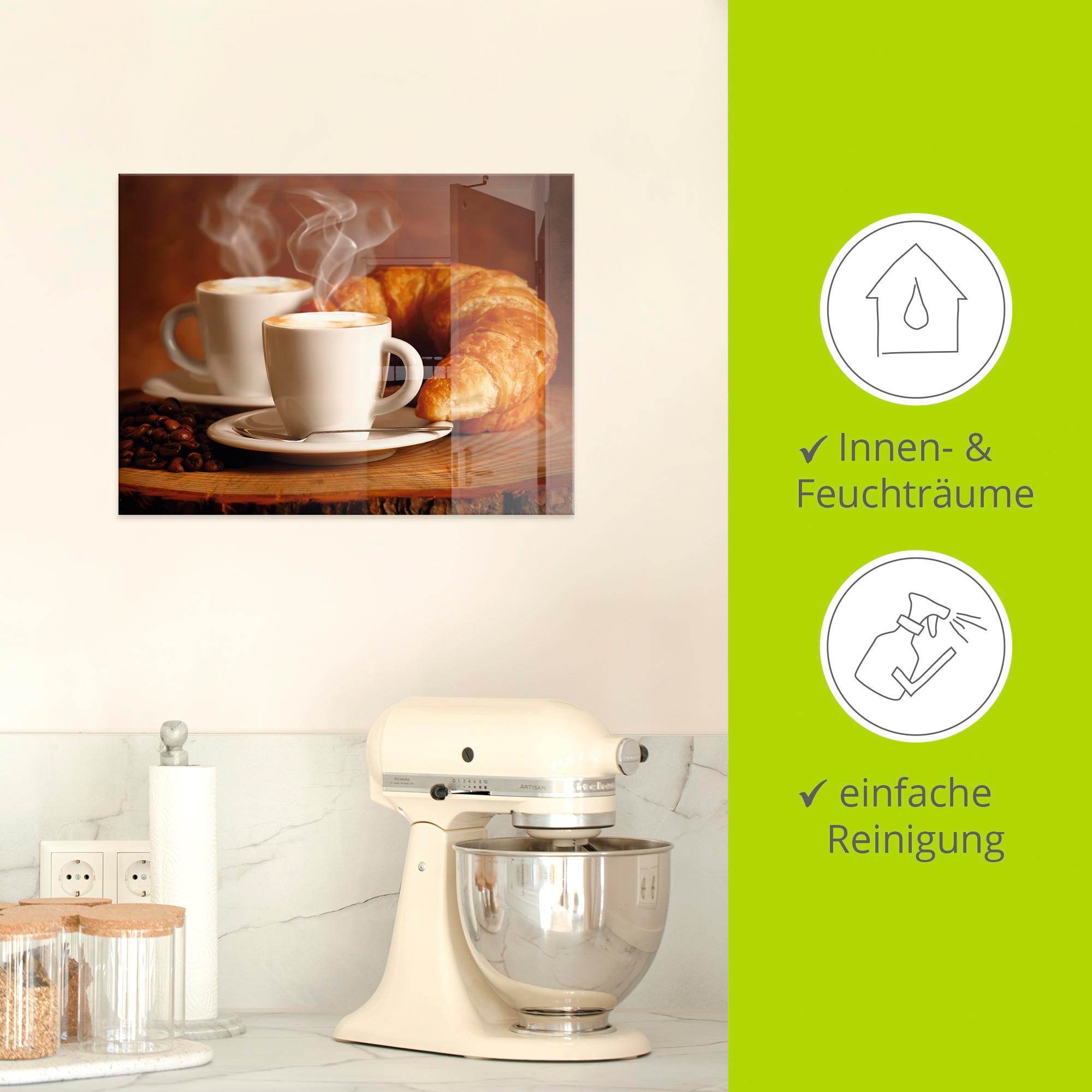 Artland Glasbild »Dampfender Cappuccino und Croissant«, Getränke, (1 St.), in verschiedenen Größen