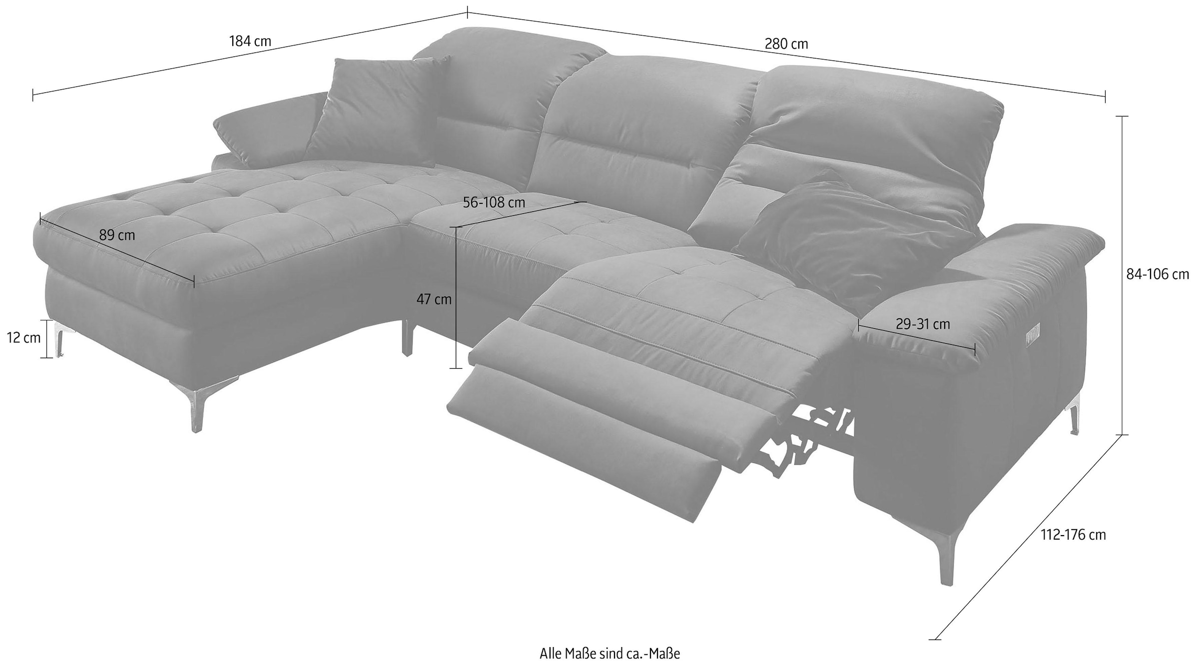 Places of Style Ecksofa »Basel L-Form«, mit vollmotorischer Relaxfunktion und motorischer Recamiere