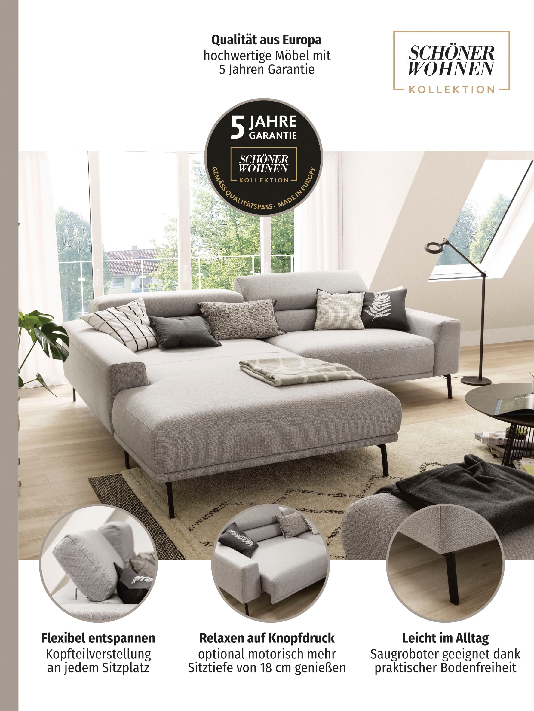 SCHÖNER WOHNEN-Kollektion Ecksofa »Tossa, Modernes Design trifft smarte Funktione, Breite 258 cm« Motorischer Sitzvorzug, Kopfteil-Funktion & Saugroboter-Höhe