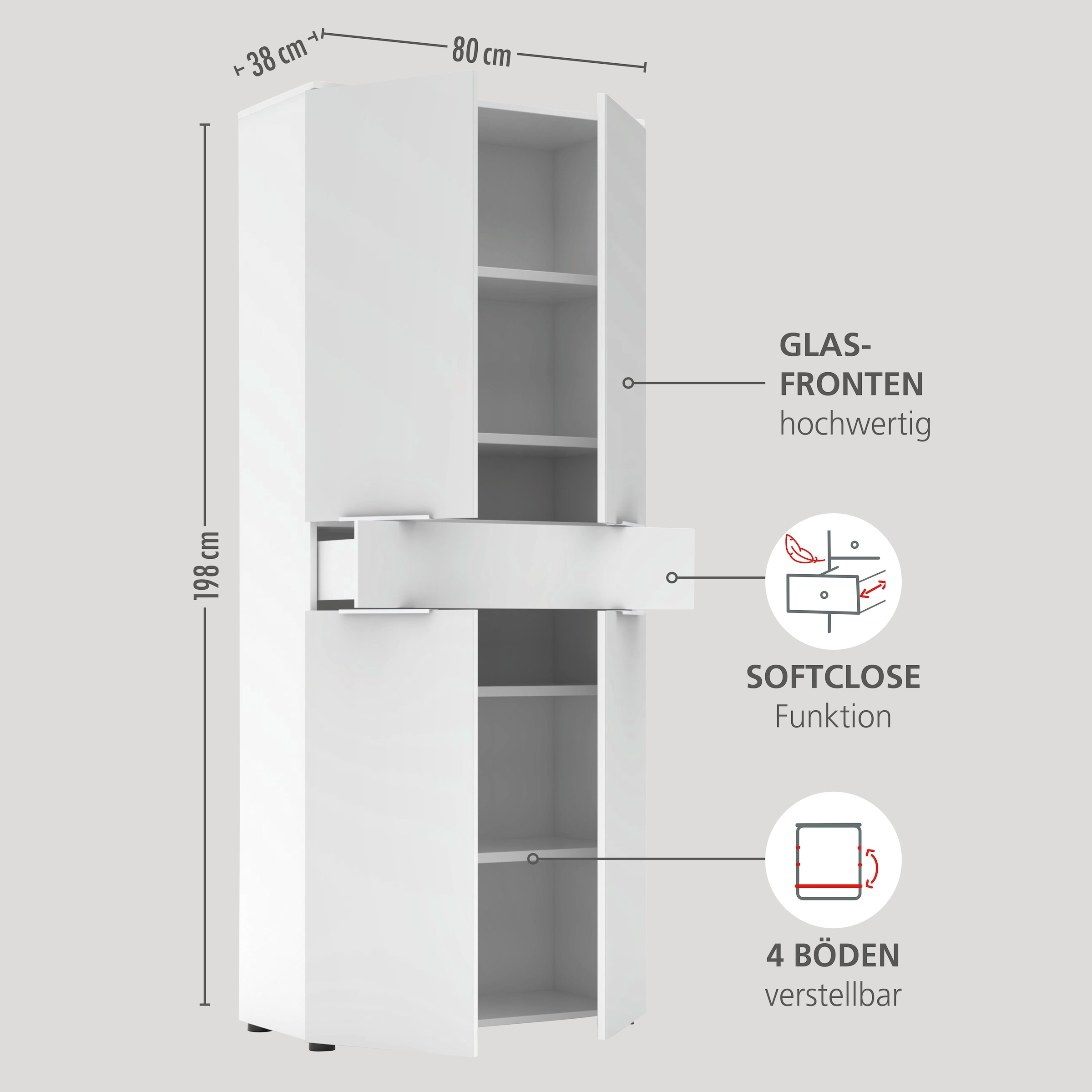 Innostyle Aktenschrank »Büroschrank Santorin, 80/198/38 cm ( B/H/T)« 1 Stk. tlg. 4 türig, 1 Schubkasten, Softclose, Klarglas, ABS Schutzkante