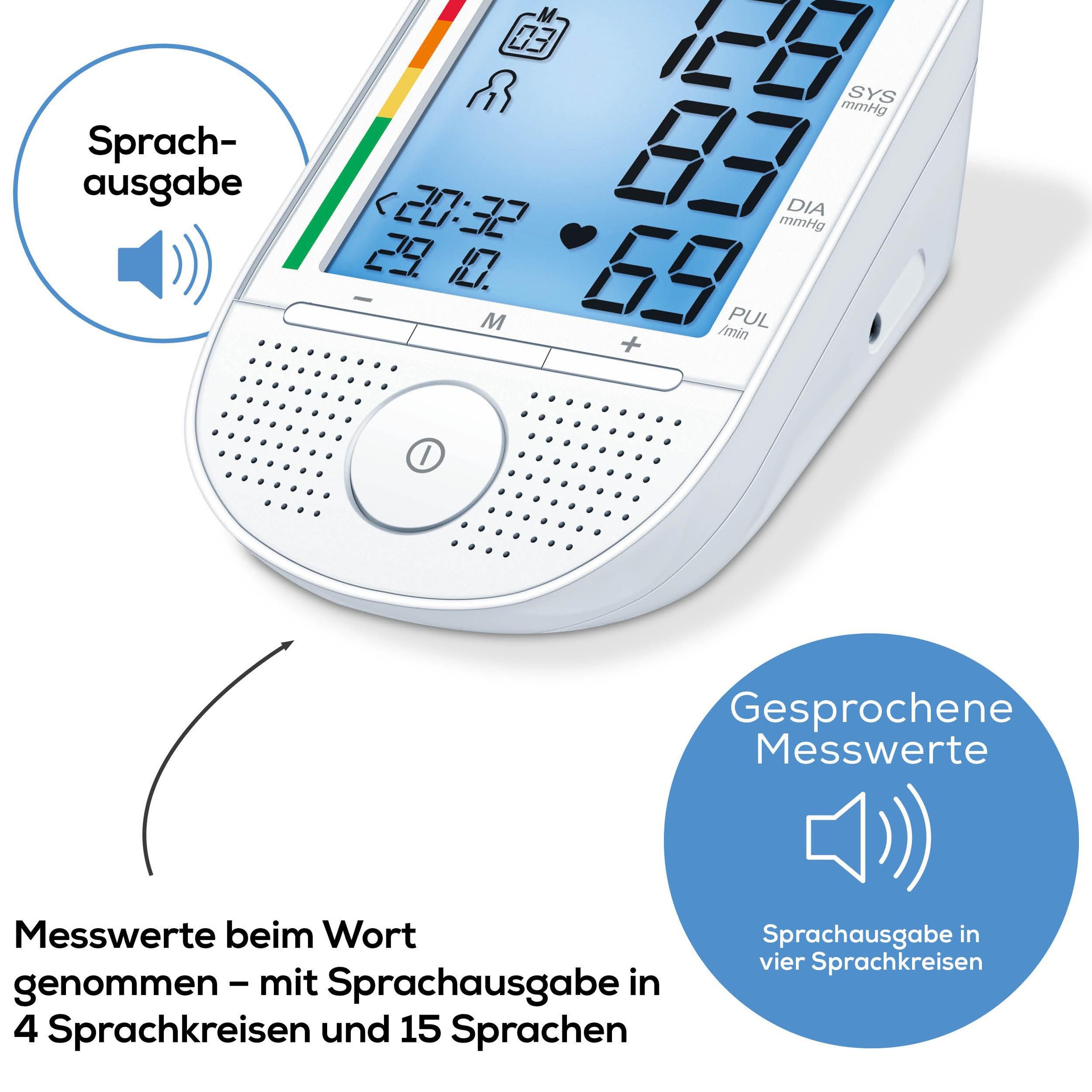 BEURER Oberarm-Blutdruckmessgerät »BM 49 mit Sprachausgabe in DE, FR, IT, NL«, Mit Arrhythmie-Erkennung, inkl. Aufbewahrungstasche und Blutdruckpass
