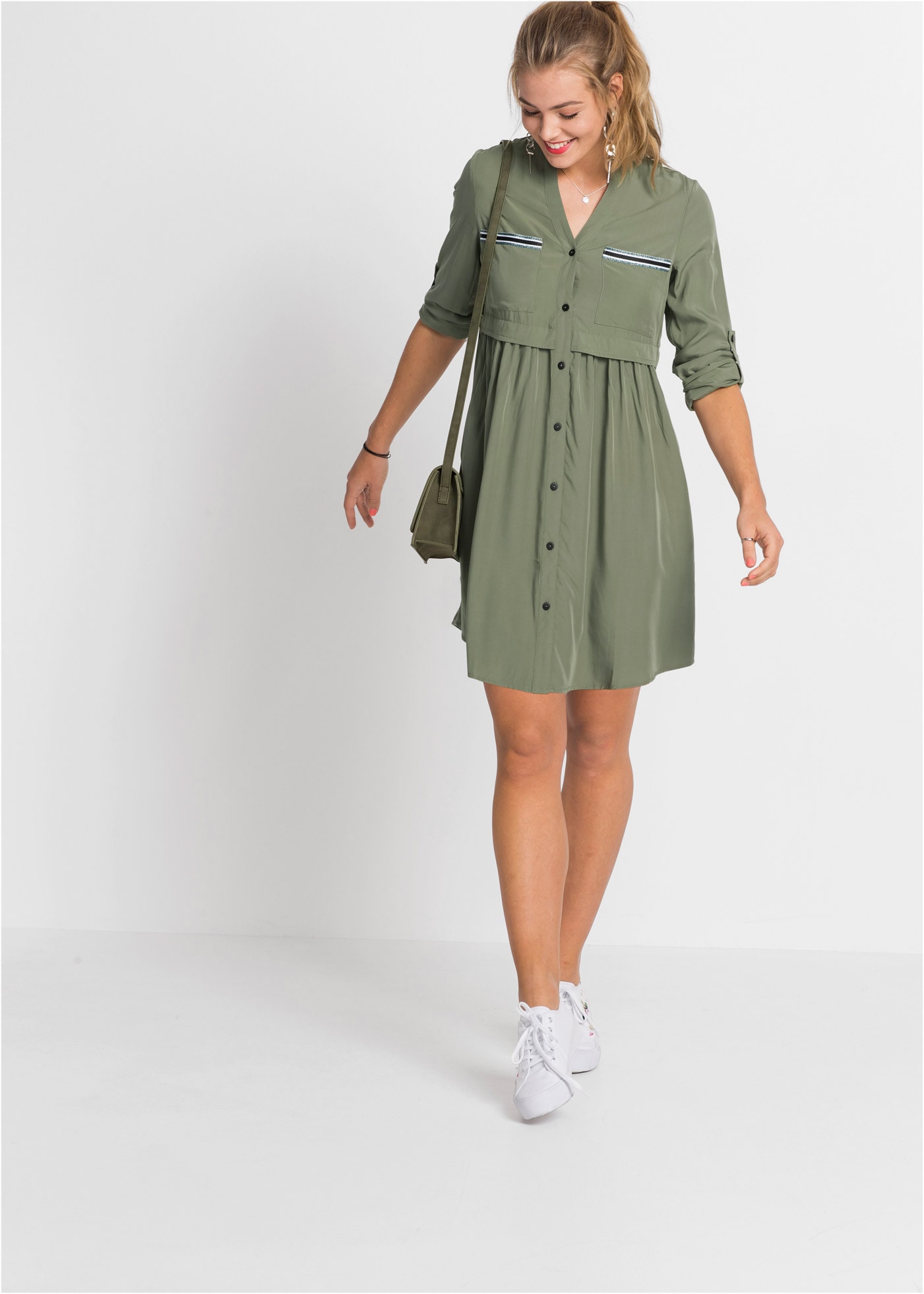 bonprix Hemdblusenkleid mit langem Arm und Riegel-Knopf-Element, mit kontrastfarbigem Einsatz