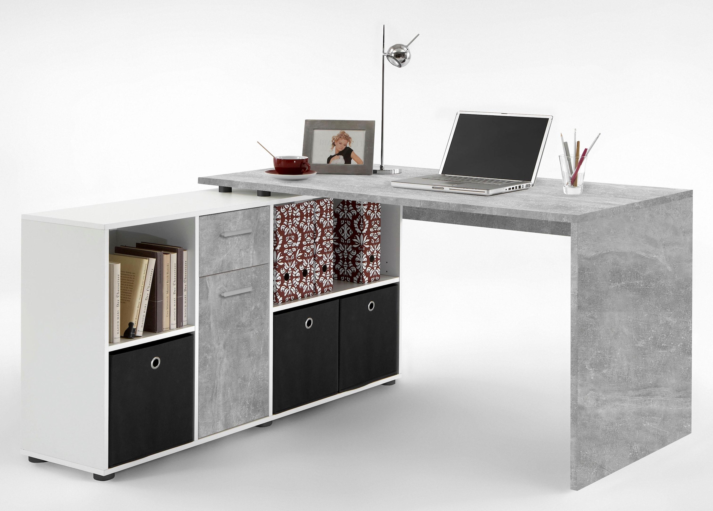 FMD Eckschreibtisch »Lex, Schreibtisch / Sideboard,«, variabel montierbar, Breite 136 / 205 cm, Made in Germany