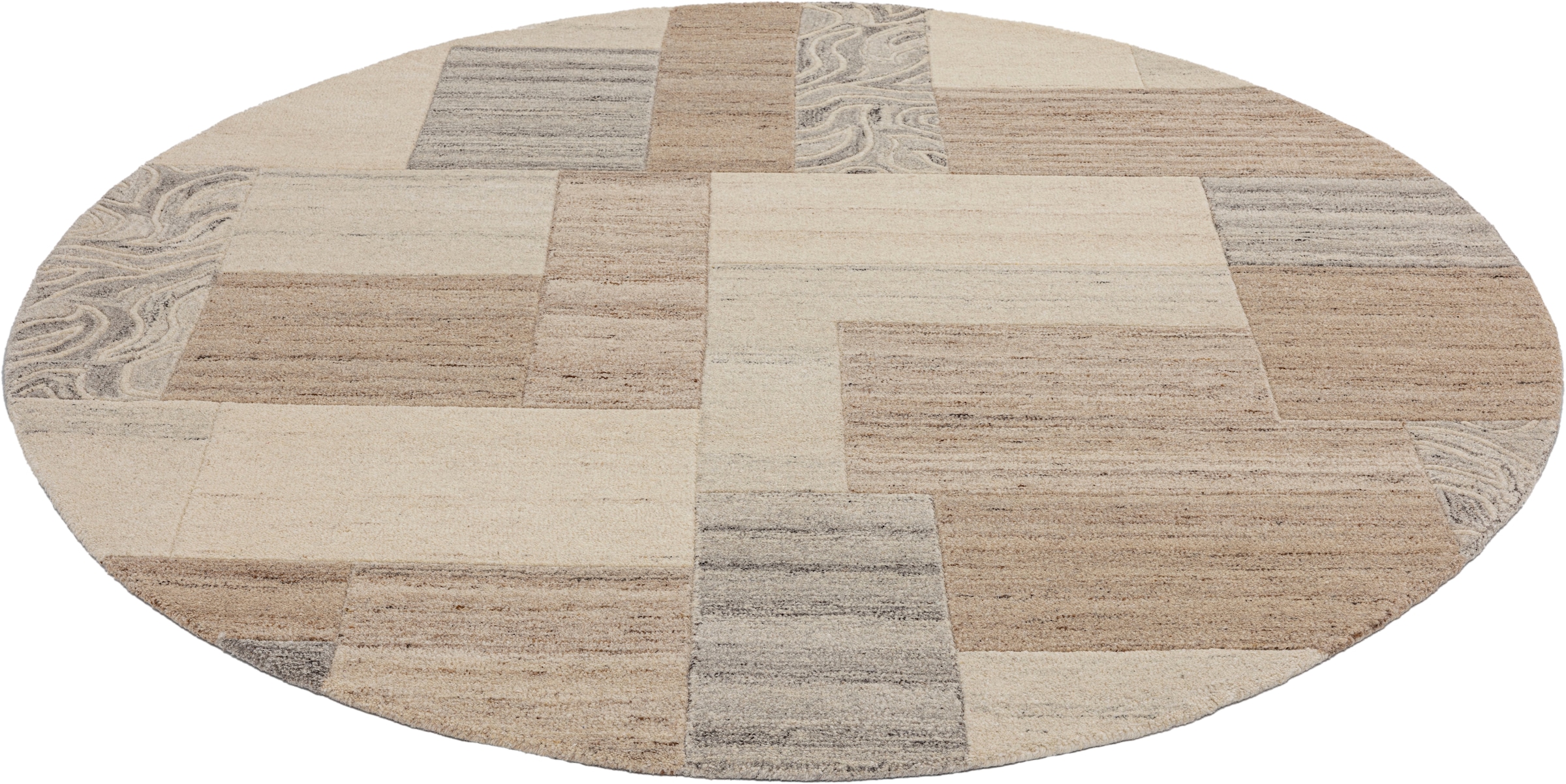 THEKO Wollteppich »Lola, Wolle, handgearbeitet, Patchwork Design«, rund, 12 mm Höhe, handgetuftet, Wohnzimmer, Schlafzimmer, Esszimmer