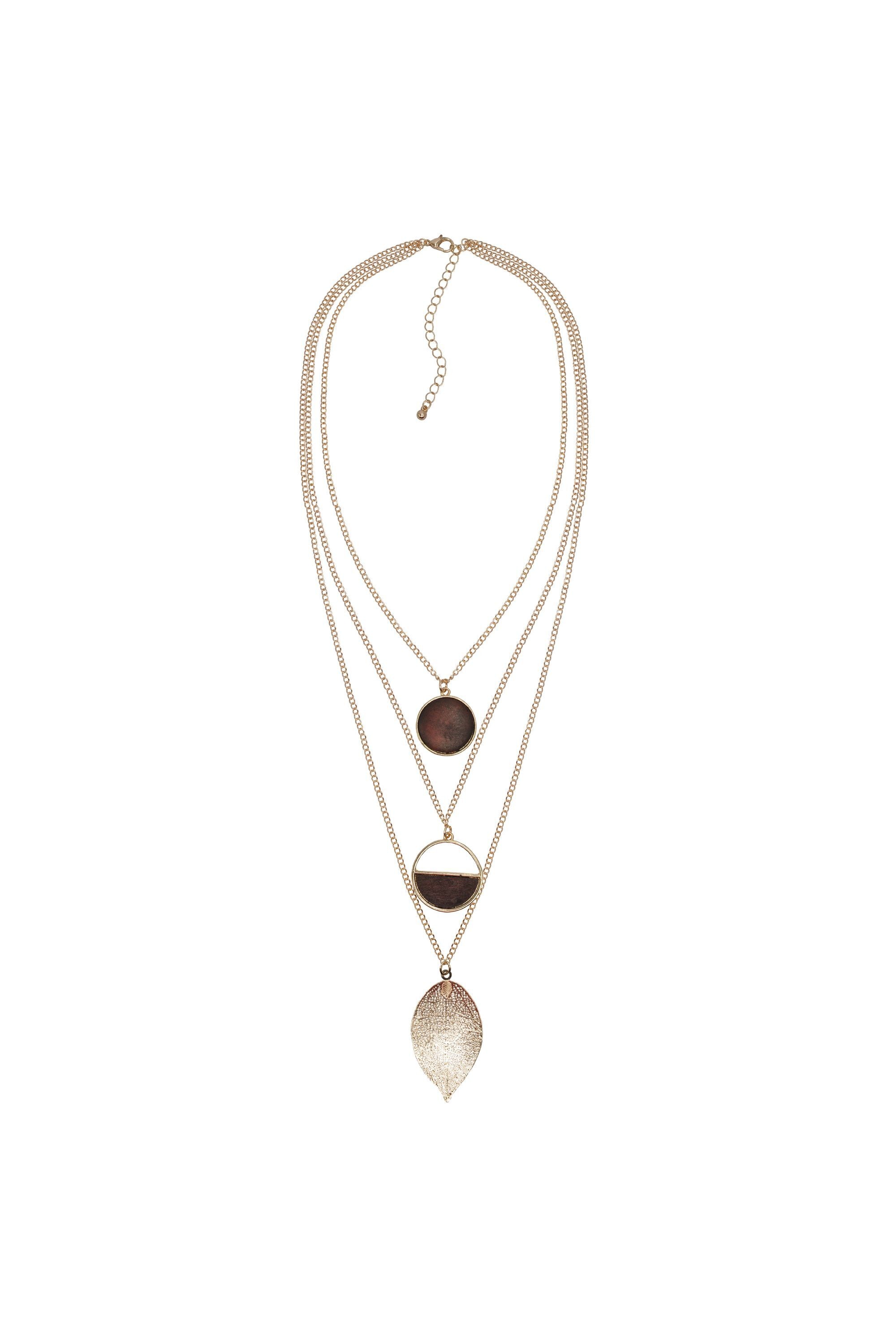 Steuer Kette mit Anhänger »3-reihig Metall Blatt glanz vergoldet Holz braun«