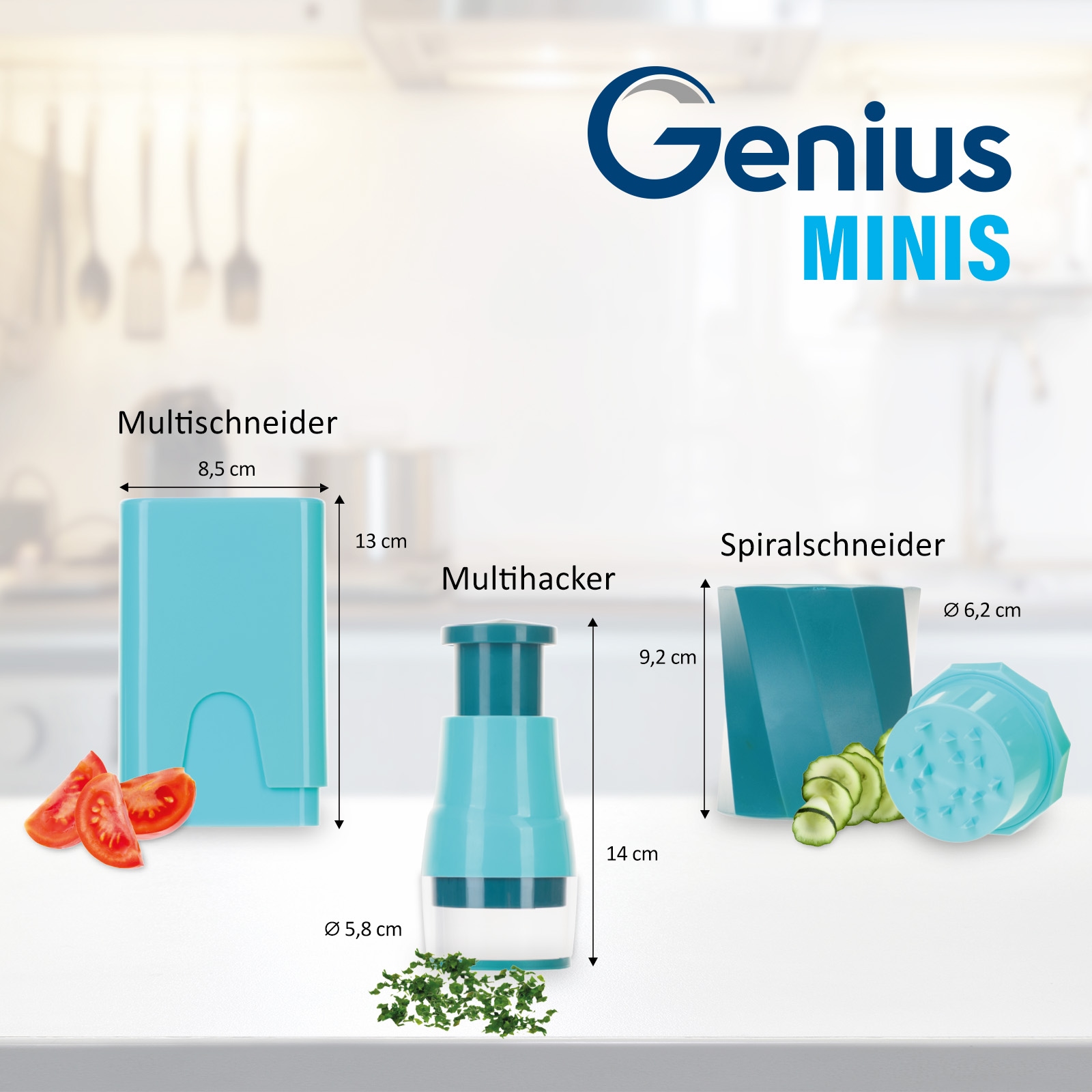 Genius Gemüseschneider »Genius Minis, Kombi-Set inkl. Edelstahl-Schüsseln, Set 19-tlg.«, 3 Schüsseln mit Deckel, Multihacker, Multischneider, Spiralschneider