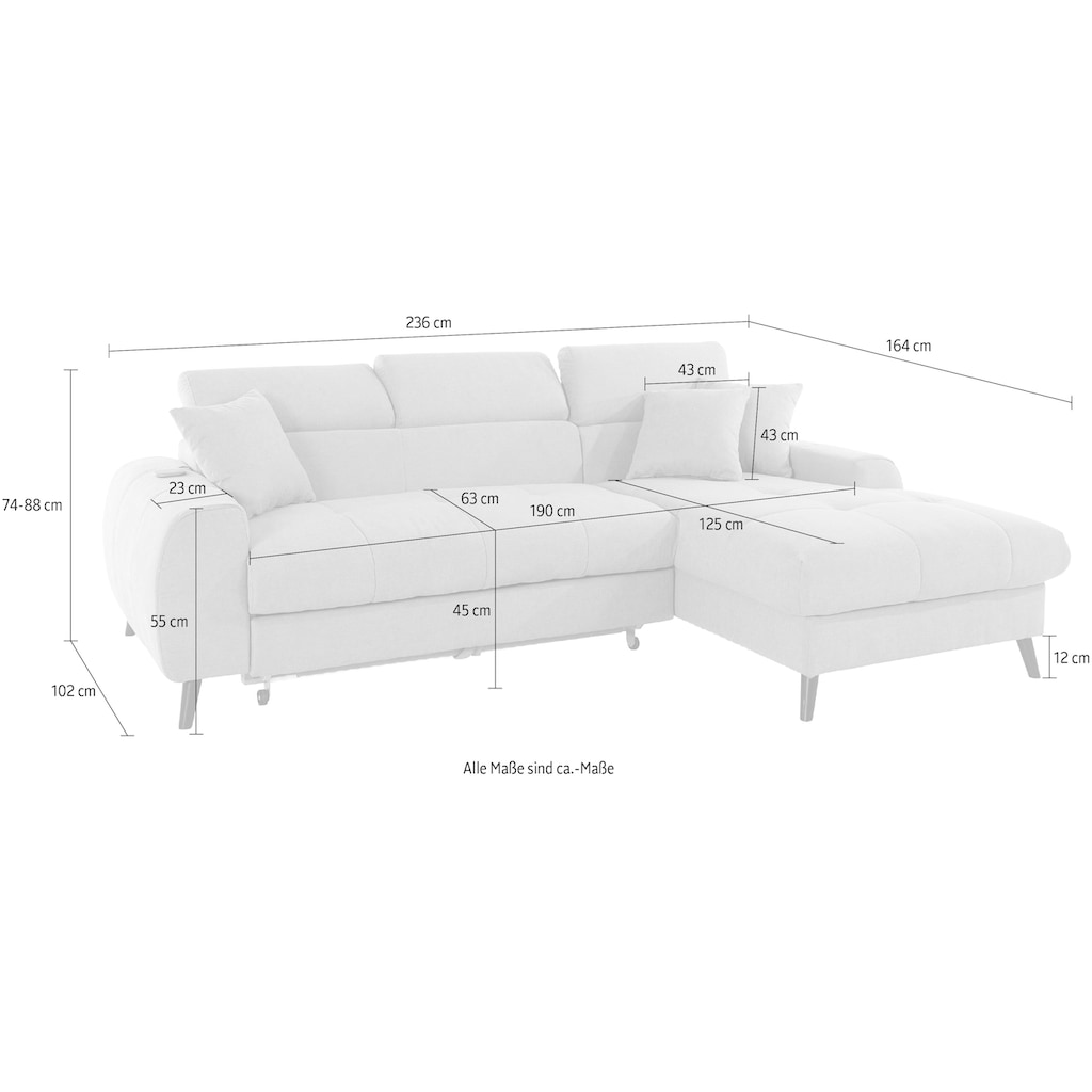 COTTA Ecksofa »Mia L-Form«, 3-tlg.-Kissen-Set, Recamiere, wahlweise mit oder ohne RGB-Beleuchtung