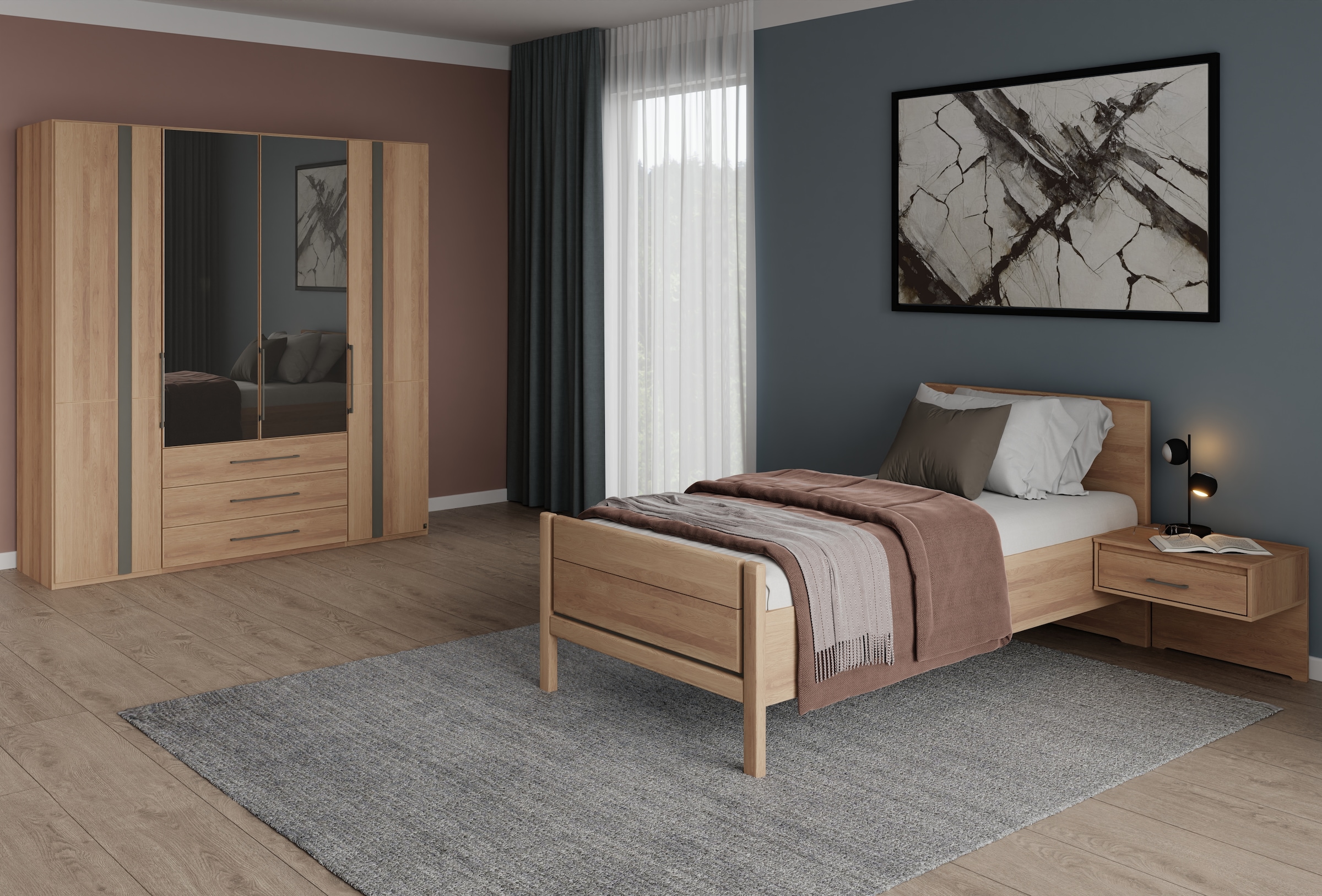 Musterring Schlafzimmer-Set »Sorrent, Kleiderschrank, Bett & Nachtkommoden, teilmassiv Eiche«, (2er-Set Nachtschränke, Drehtürenschrank 200 cm, Bett 100x200 cm), Schrank mit Türen und Schubkästen, Bett mit Stollfuß, teilmassiv