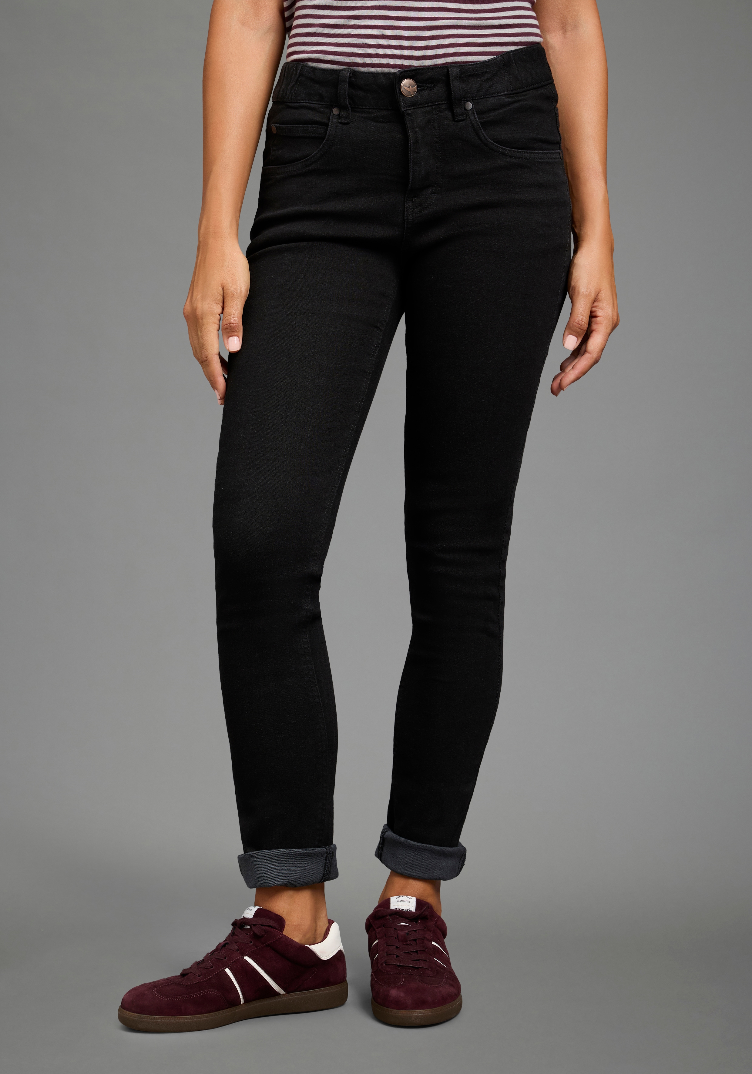 Arizona Slim-fit-Jeans "Bund mit seitlichem Gummizugeinsatz" schmale Passform, Röhrenjeans, Used-Waschung, hohe Leibhöhe