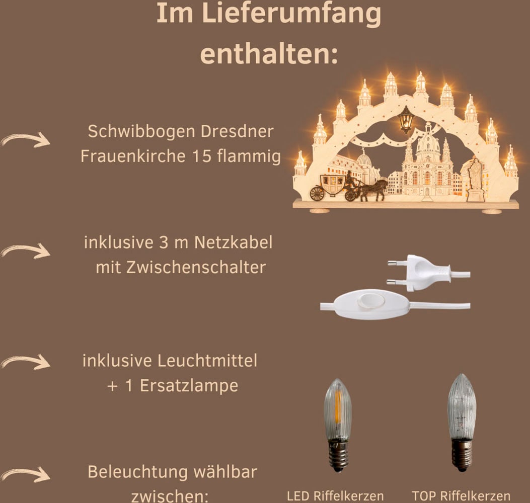 Weigla Schwibbogen »Dresdner Frauenkirche, Lichterbogen aus Holz, NATUR-BRAUN«, Erzgebirge garantiert, Weihnachtsdeko Innen, Weihnachtsbeleuchtung