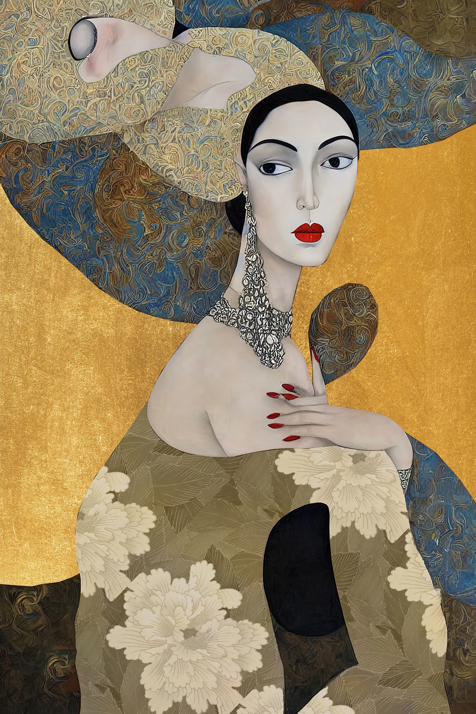 queence Acrylglasbild "Wandbild, Goldbild, Bild Kunstkopie, Jugenstil, Frau mit Kette am Hals" Abstrakte Fantasy Kunst Handveredelt mit Blattgold für eine edle und zeitlose Optik.