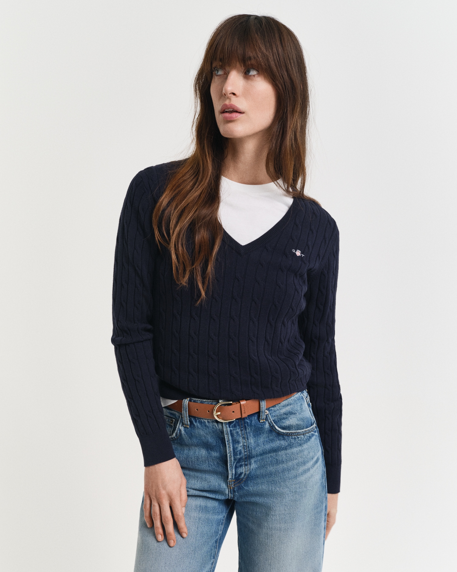 Gant Strickpullover "STRETCH COTTON CABLE V-NECK" mit Logostickerei auf der günstig online kaufen