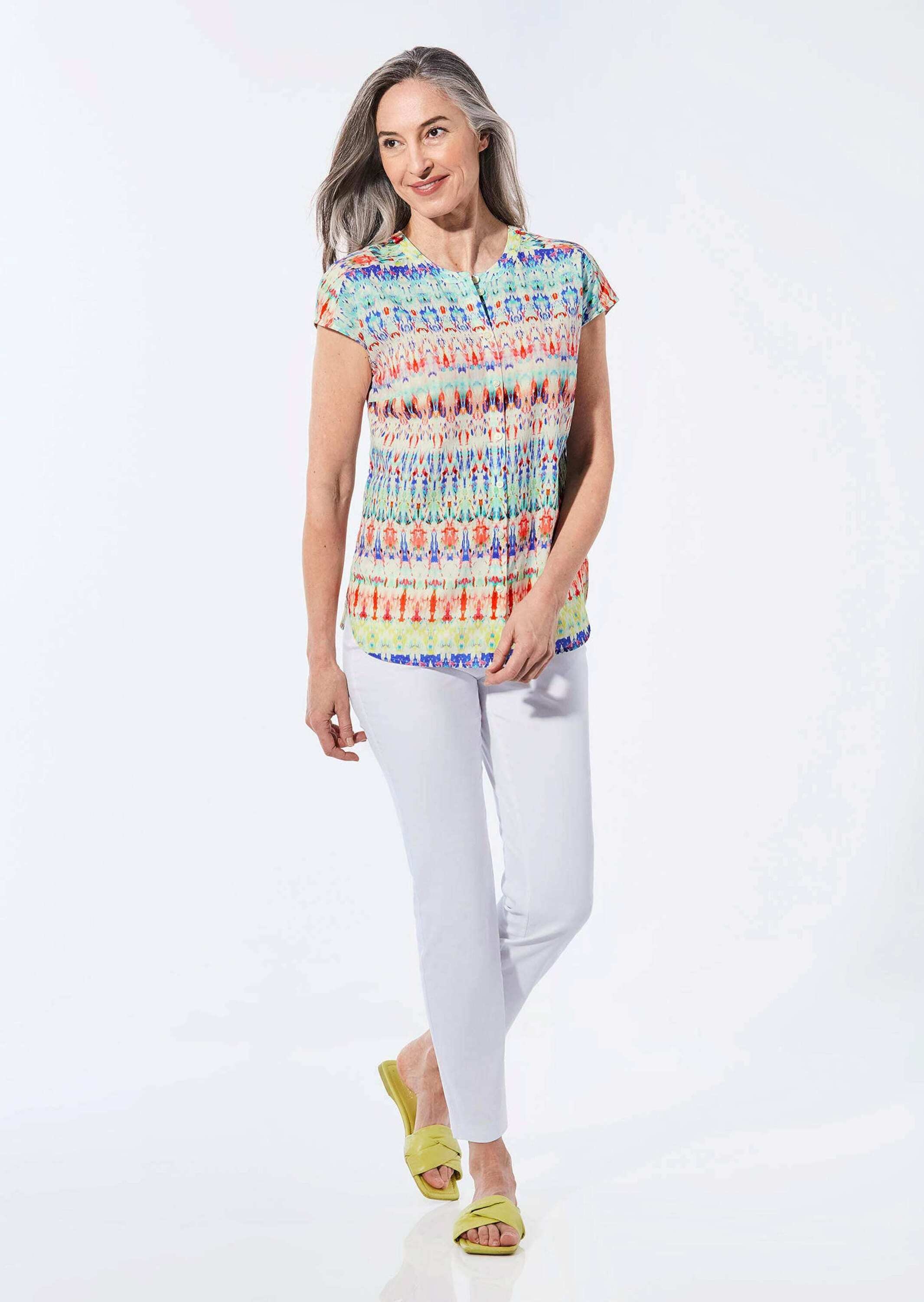 Kurzarmbluse GOLDNER "Kurzarm Printbluse für Damen multicolor", Damen, Gr. 46, bunt (bunt, gemustert), Obermaterial: 100% Viskose CV., Sonstiges, Blusen, Knöpfe 3
