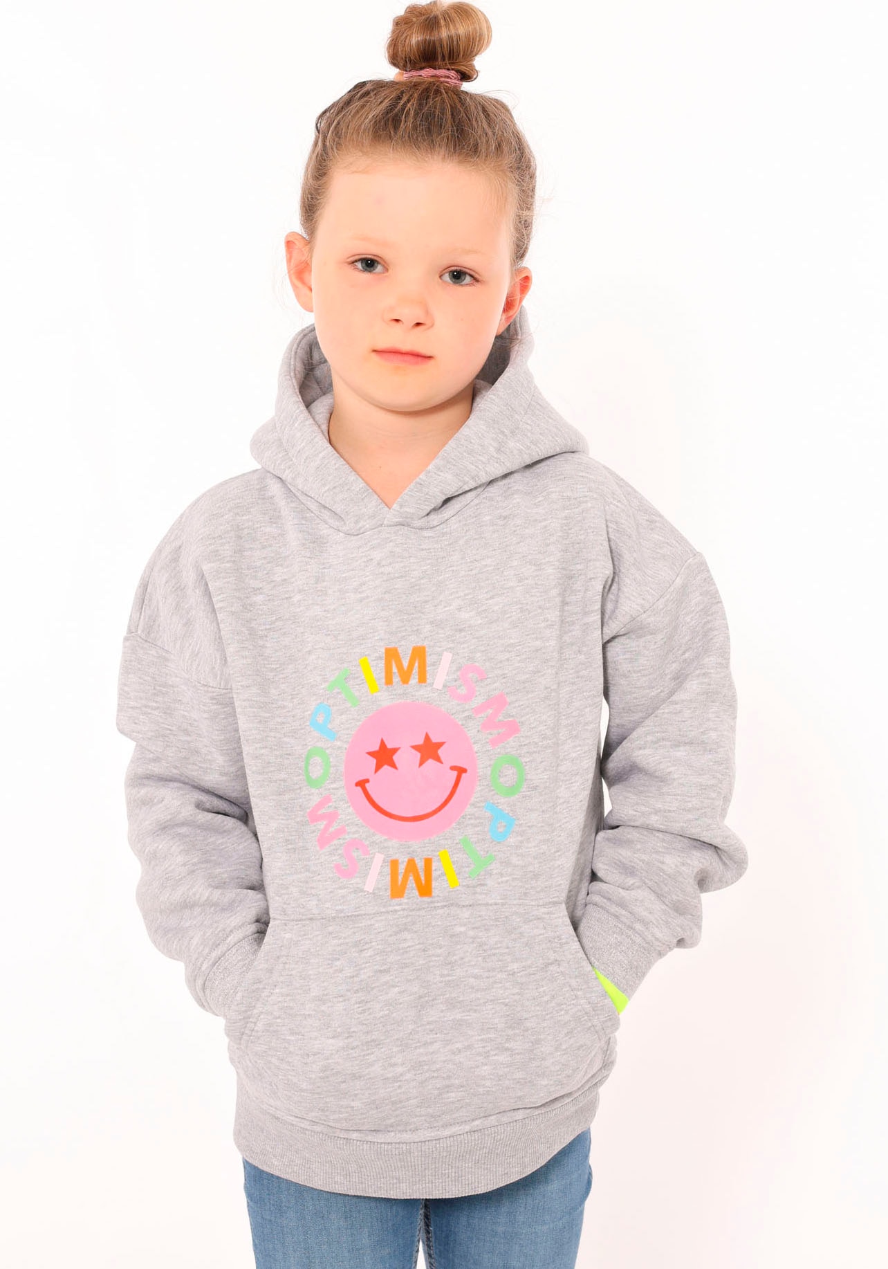 Hoodie »"Optimism"KIDS«, mit Smiley, buntem Schriftzug und Details in Neonfarben