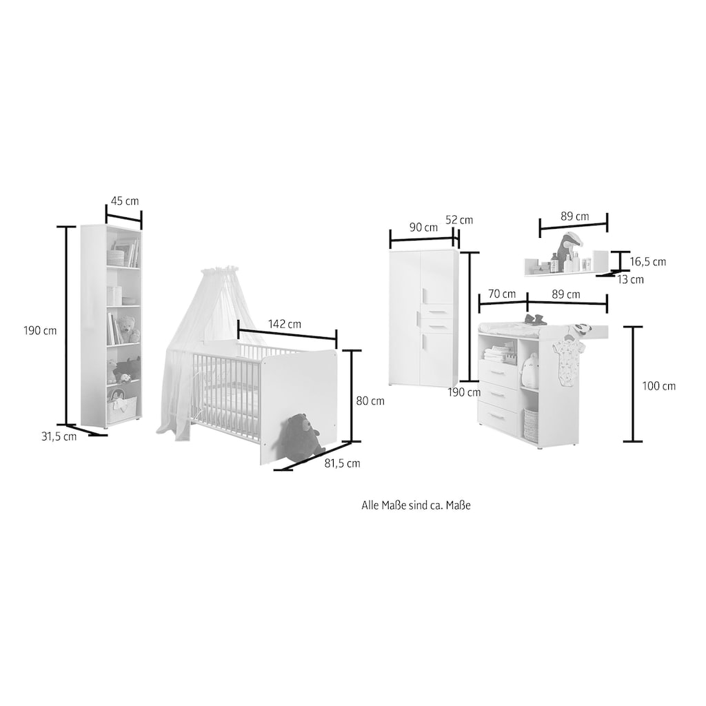 BMG Möbel Babyzimmer-Komplettset »Lea«, (Set, 5 St., Bett, Wickelkommode, Schrank, Standregal, Wandboard)