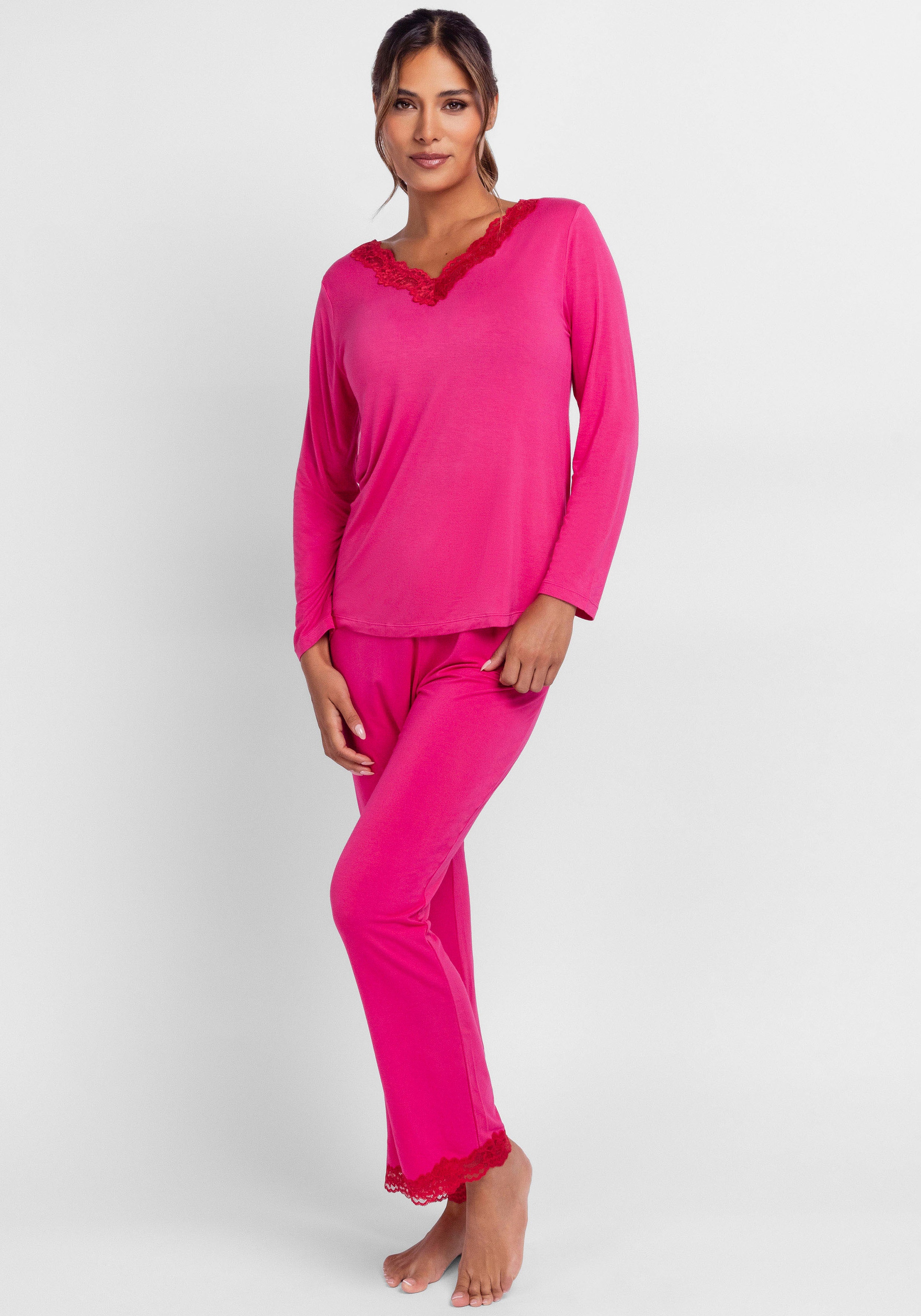 Dorina Pyjama "ORIGINS" Set, 2 tlg. Spitze, weich, Langarm, bequem, feminin günstig online kaufen