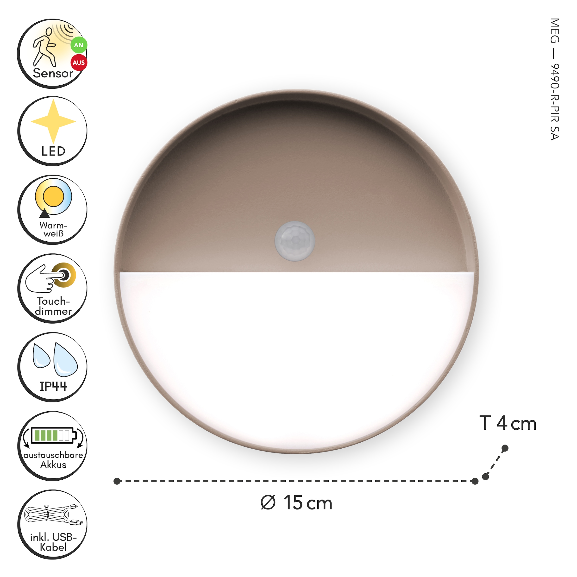 ECO-LIGHT LED Außen-Wandleuchte »LED-Wandleuchte MEG + PIR«, 1 flammig, Leuchtmittel LED-Board | LED fest integriert, Akku-Licht für Innen & Außen