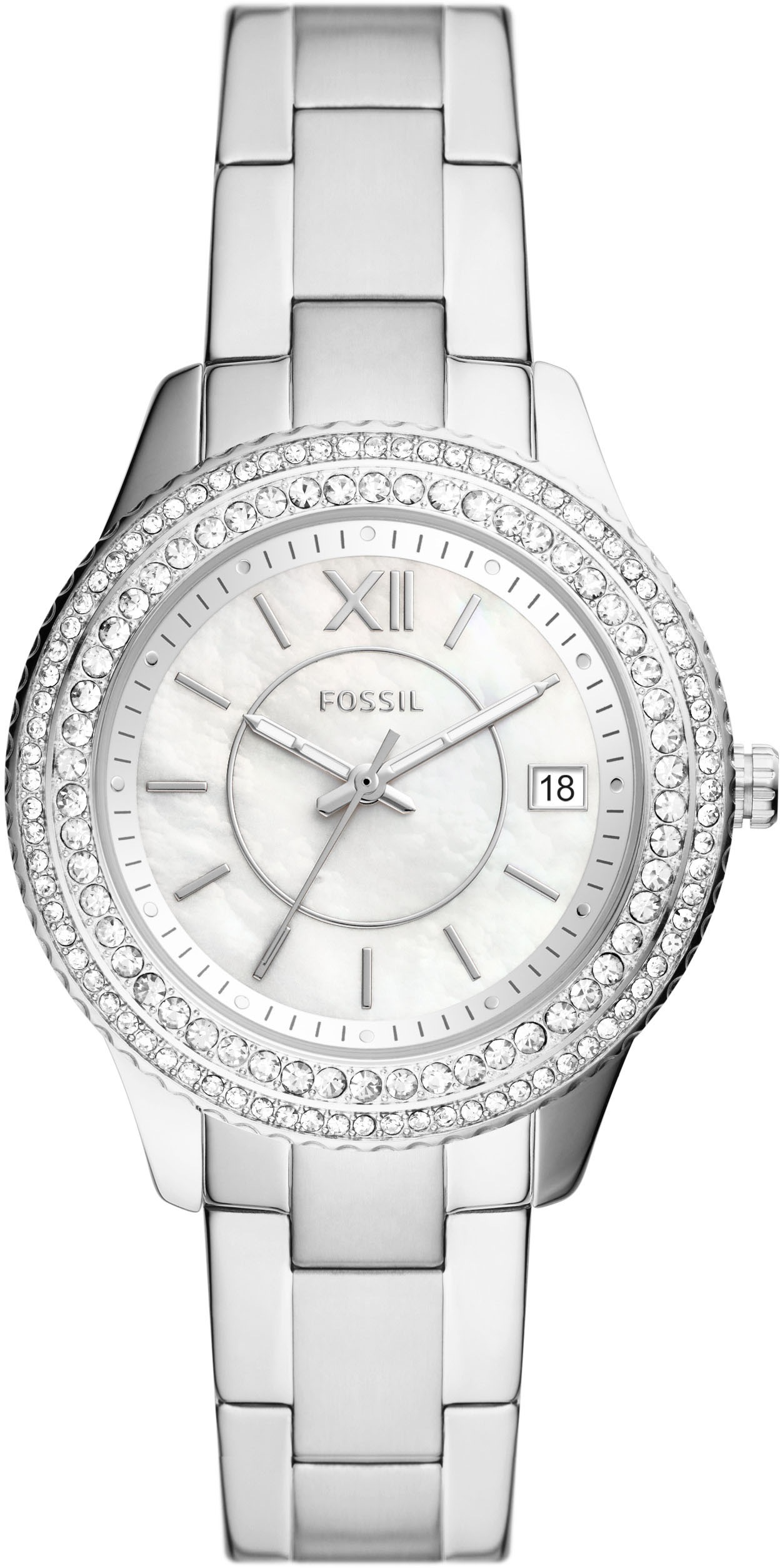 Fossil Quarzuhr »STELLA«, Armbanduhr, Damenuhr, Perlmutt-Zifferblatt, Edelstahlarmband