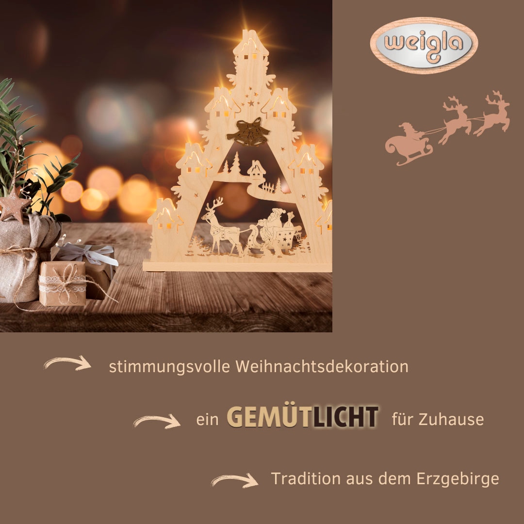 Weigla Schwibbogen »Weihnachtsmann auf Schlitten, Lichterspitze aus Holz NATUR-BRAUN«, Erzgebirge garantiert, Weihnachtsdeko Innen, Weihnachtsbeleuchtung