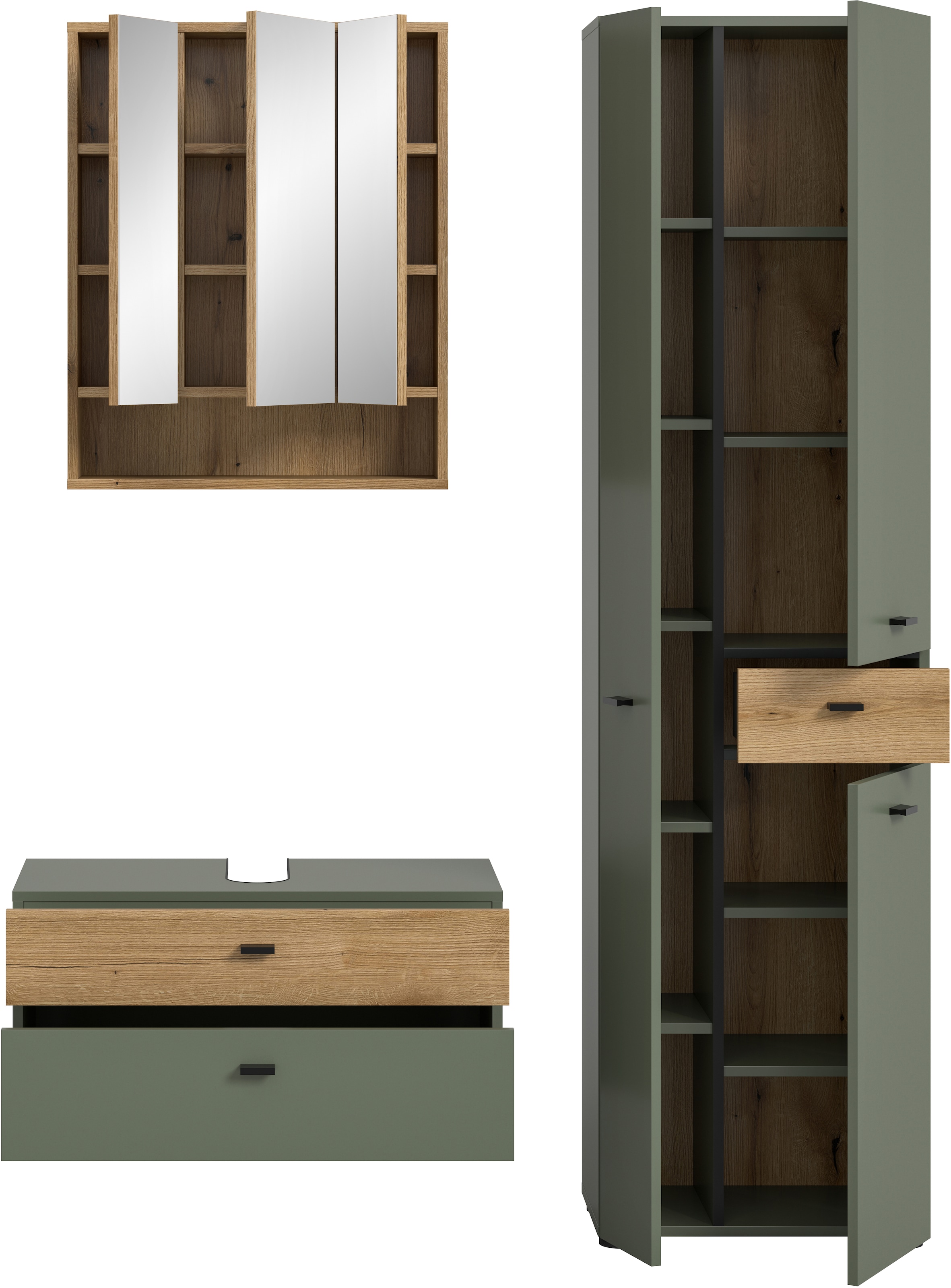 welltime Badmöbel-Set »VANN, 3-teilige moderne Badkombination, individuell stellbar« 1x Waschbeckenunterschrank, 1x Spiegelschrank, 1x Hochschrank, 3 Stk. tlg.