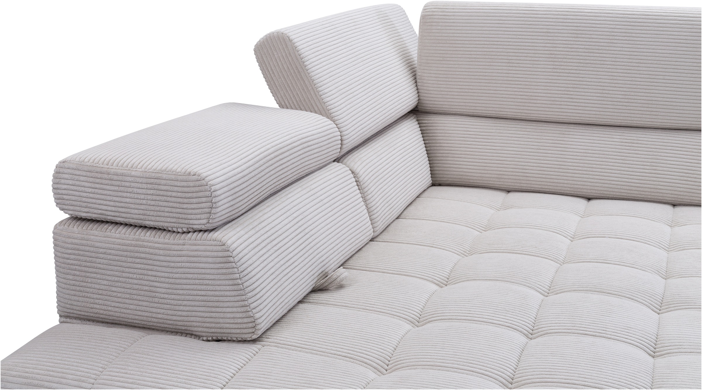 exxpo - sofa fashion Ecksofa »Elianos, hoher Sitzkomfort, aufwendige Kreuzsteppung im Sitz, L-Form«, Kopfteile & Sitztiefe verstellbar, mit Bettfunktion, Cord, beige