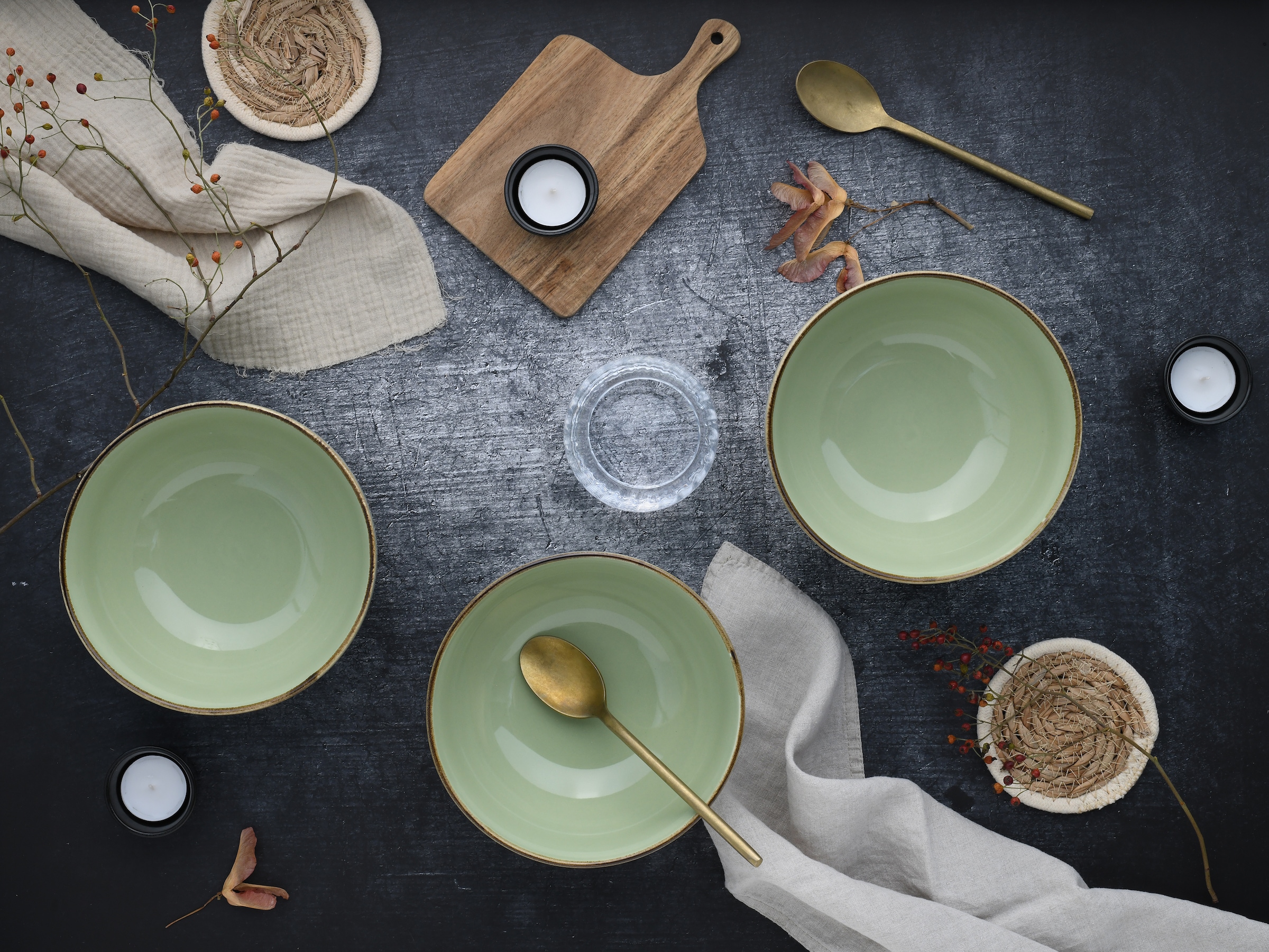 CreaTable Schale »Nature Collection, Buddha Bowl 4-tlg« 4 Stk. aus Steinzeug Handwerklicher Look, Vintage, Höhe 7,5 cm