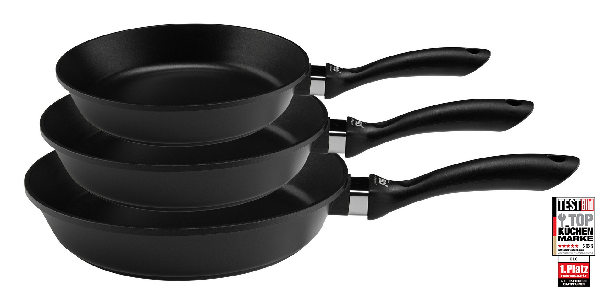 Elo "Alucast" Aluminiumguss Set, je 1 Pfanne Ø 20/24/28 cm, H: 4,5/5/6 cm, 3 Stk. tlg. Induktion