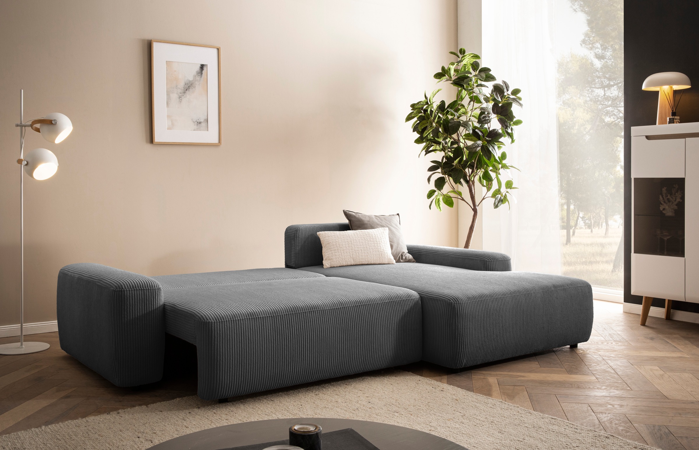 Home affaire Ecksofa »TORGE (264cm), Schlafsofa in Cord, Samtvelours o Struktur fein, L-Form« Schlaffunktion, Bettkasten, Liegefläche: 125/210 cm
