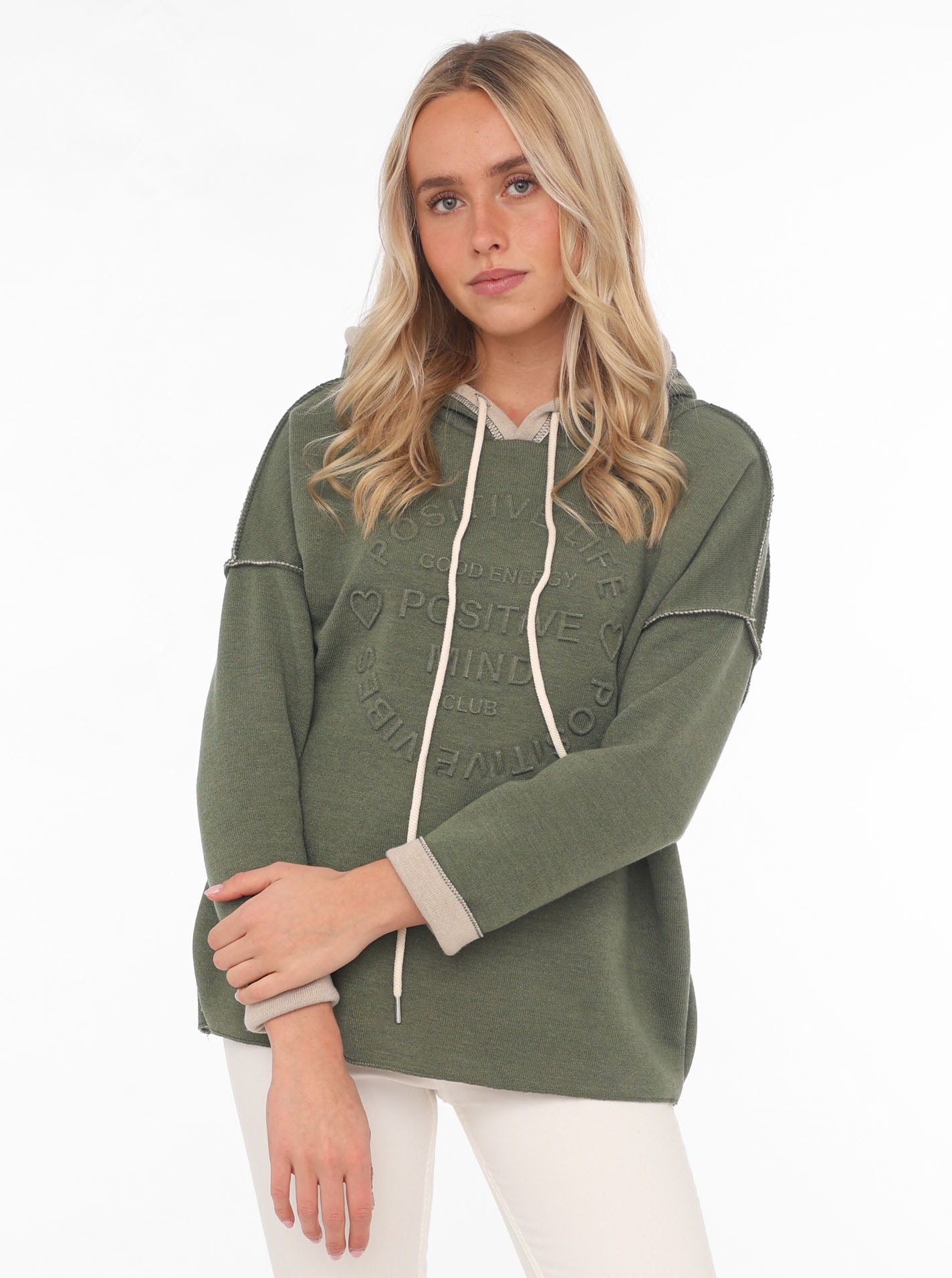 Zwillingsherz Hoodie ""Positive Mind"", Kapuze, 3/4 Arm, tonaler Schriftzug günstig online kaufen