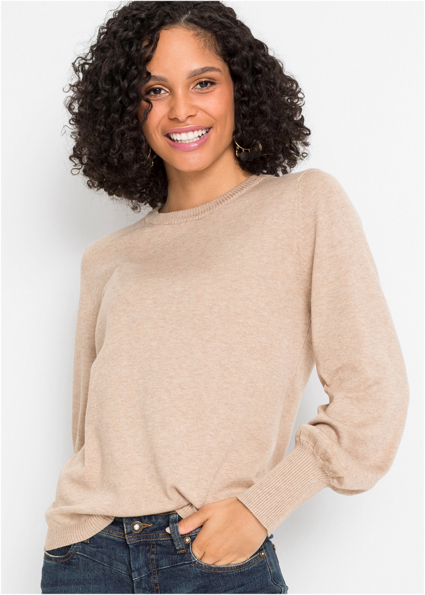 Strickpullover BONPRIX, Damen, Gr. 44/46 (L), beige (beige meliert), Obermaterial: 70% Viskose, 30% Polyamid, bequem, Pullover Strickpullover, aus Viskose und Polyamid, mit Rundhals-Ausschnitt, mit Ballon-Ärmeln