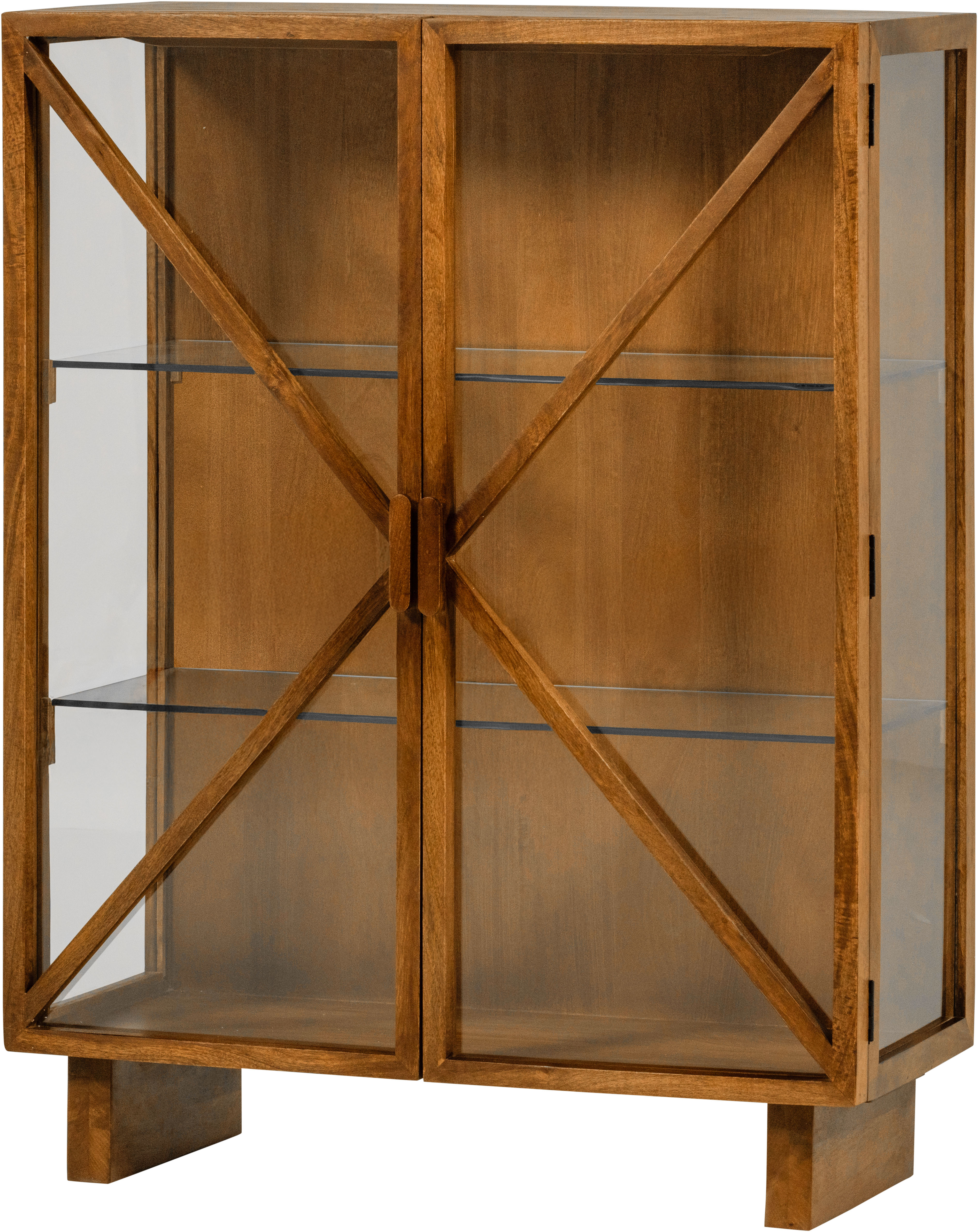 WOOOD Vitrine "Kella Mangoholz mit Glastüren und Glasablagen B 100 x D 44 x H 132 cm" Tragkraft 5–7 kg pro Ablage, Wandbefestigung empfohlen