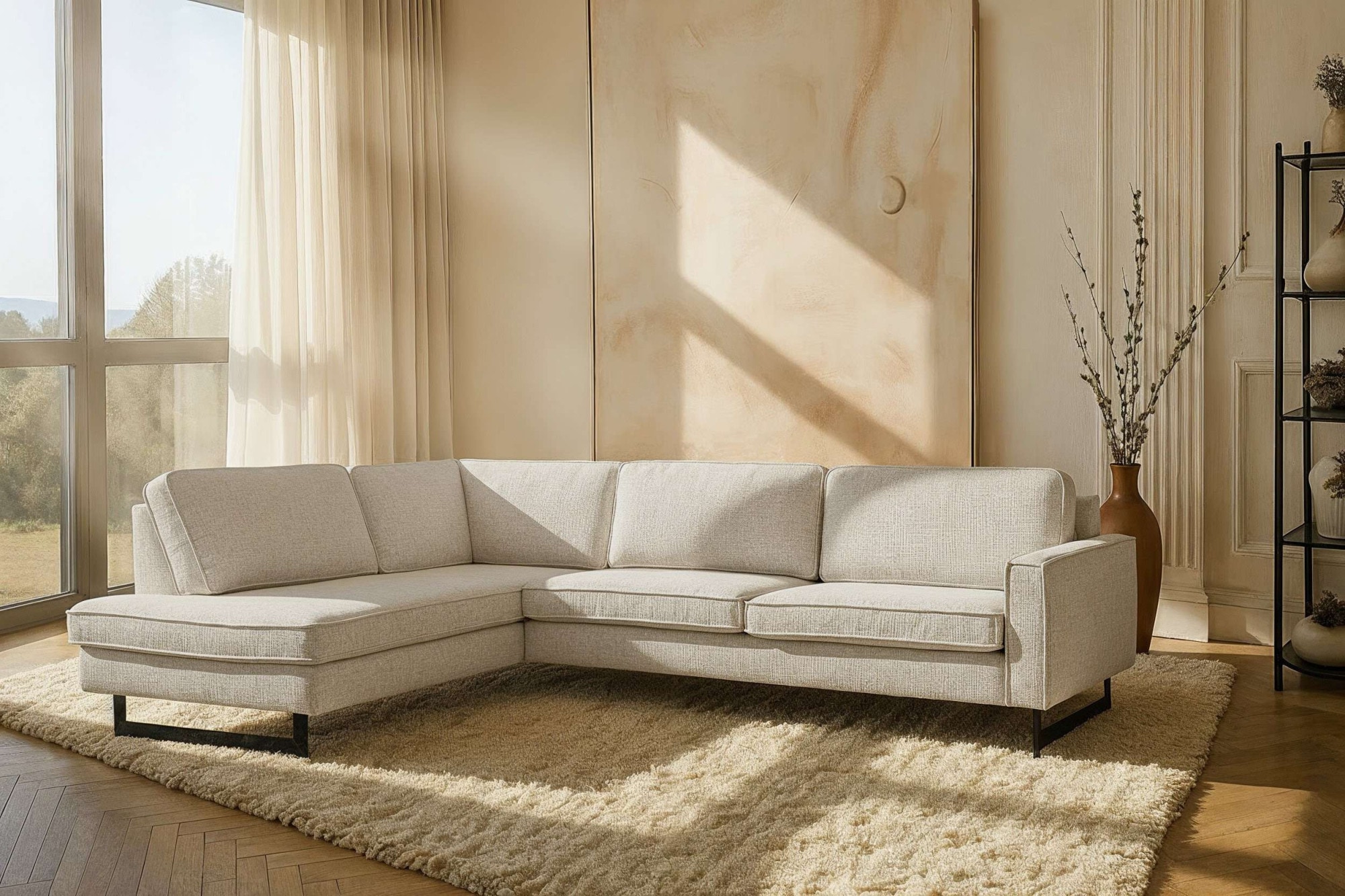 OTTO home Ecksofa "Pinto, 290 cm, Cord, Chenille, Lederoptik, Ottomane links / rechts" mit Keder, schwarze Metallfüße, Wellenunterfederung