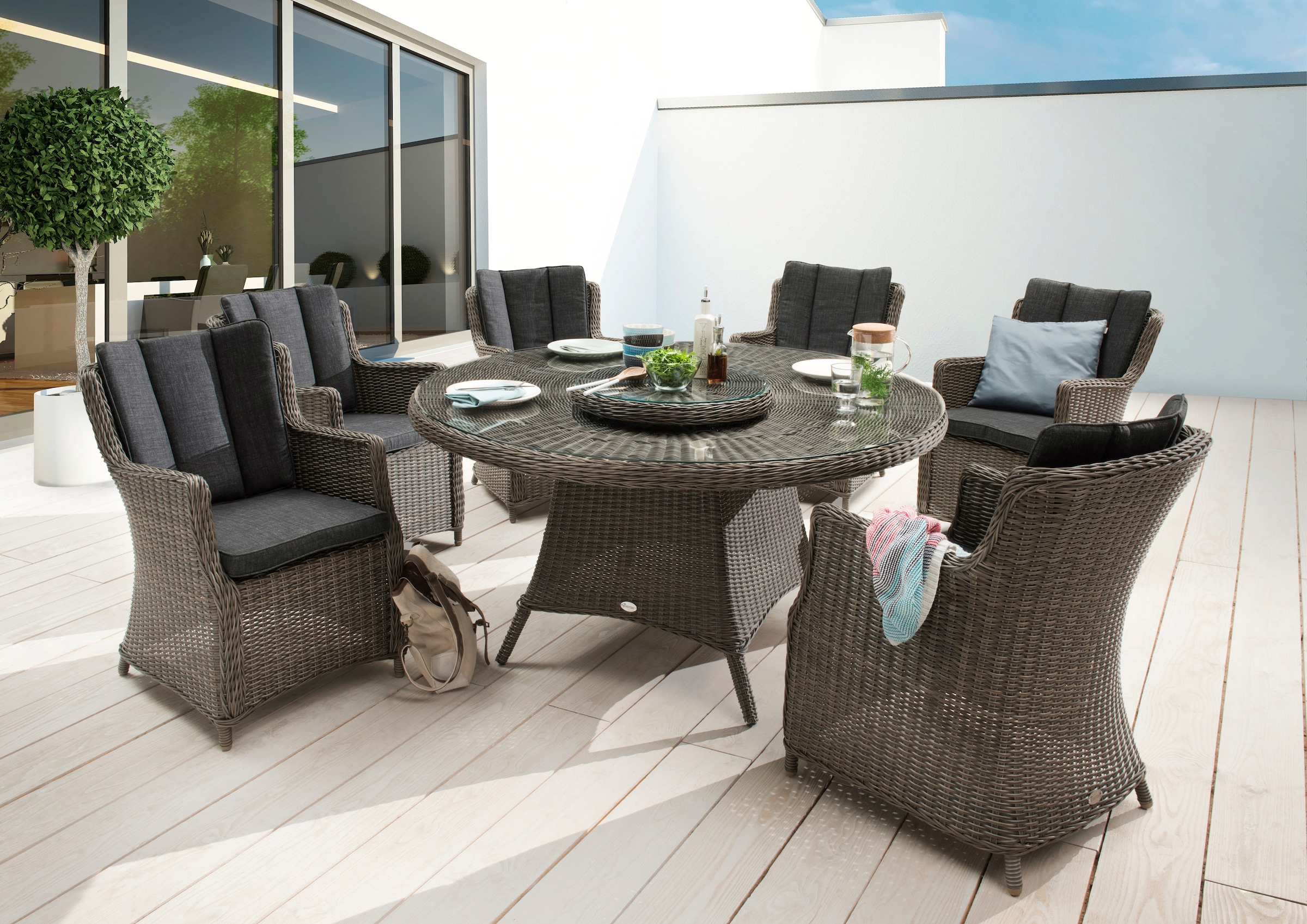 Destiny Garten-Essgruppe "LUNA", (19 tlg., 6x Sessel, 1x Tisch, 1x Drehteller, inkl. Auflagen), Aluminium, Polyrattan