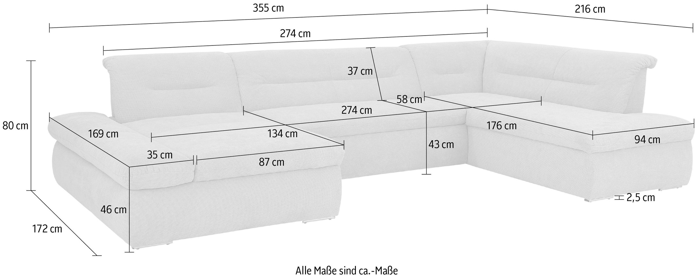 INOSIGN Wohnlandschaft »Avesa U-Form« Wahlweise mit Armteilverstellung und Bettfunktion, B/T/H: 355/216/80cm