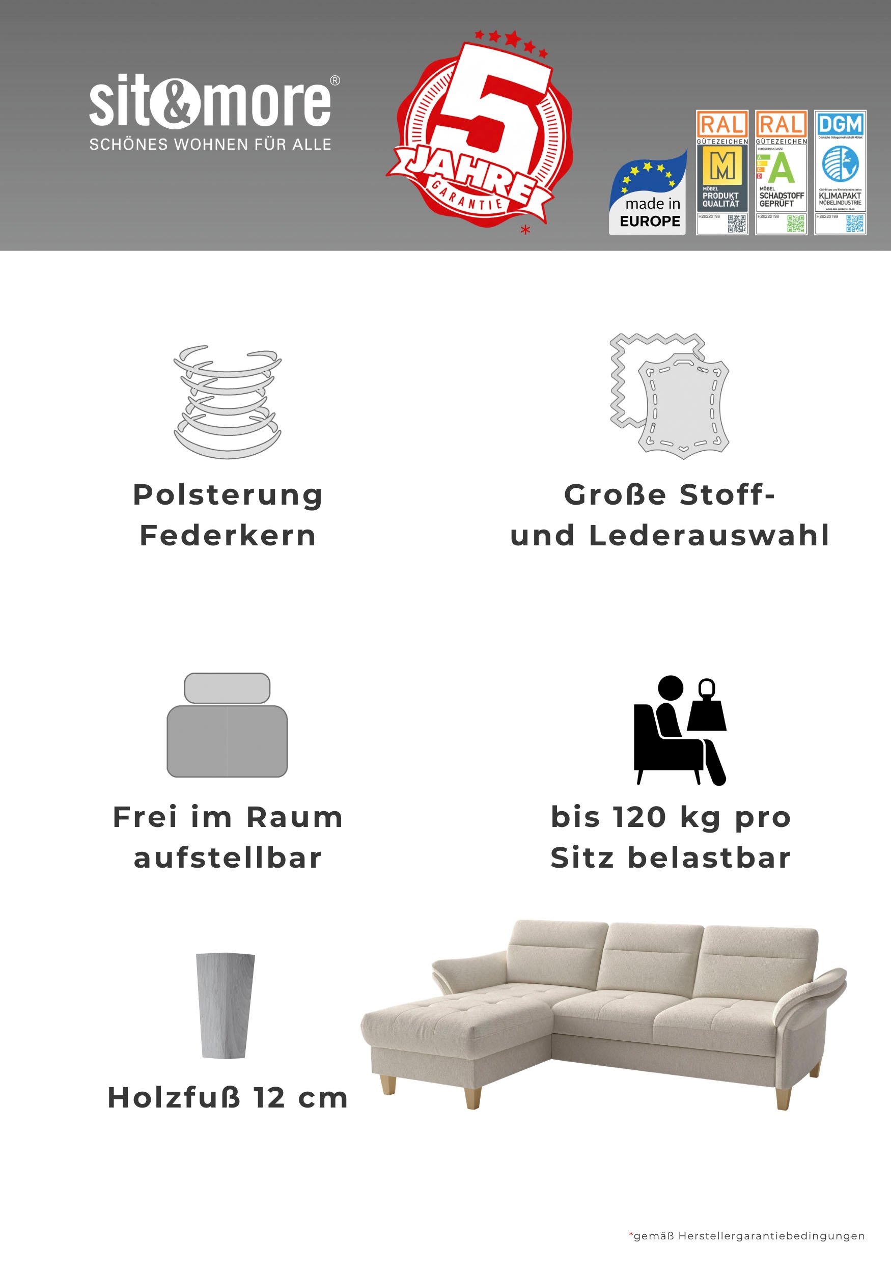 sit&more Ecksofa »Pamela, B: 218 cm, L-Form, wahlweise mit Bettfunktion und Bettkasten« mit Federkern