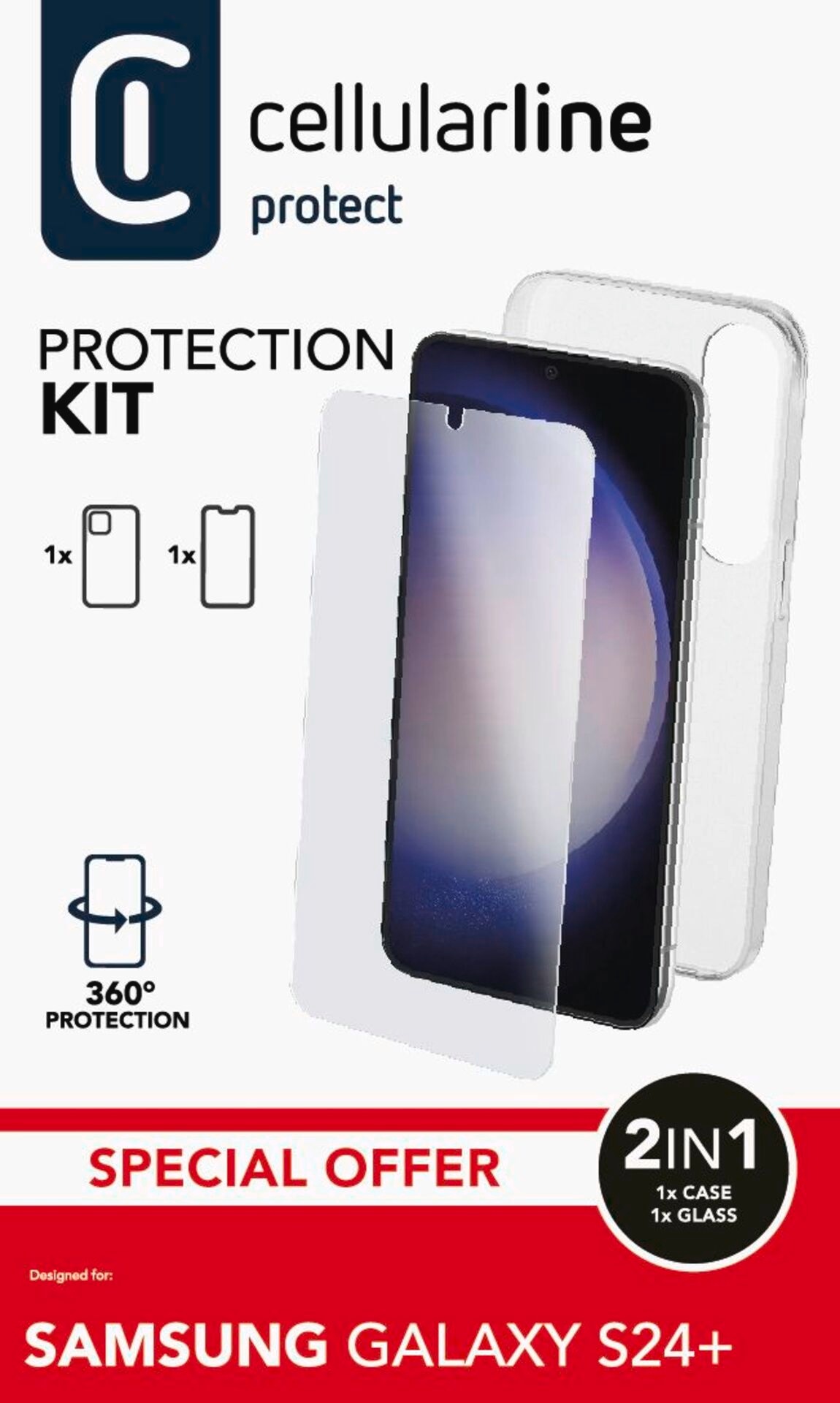 Cellularline Handyhülle »Protection Kit für Samsung Galaxy S24+«, Handycover Backcover Schutzglas Handyschutzhülle Rundumschutz 360 Grad