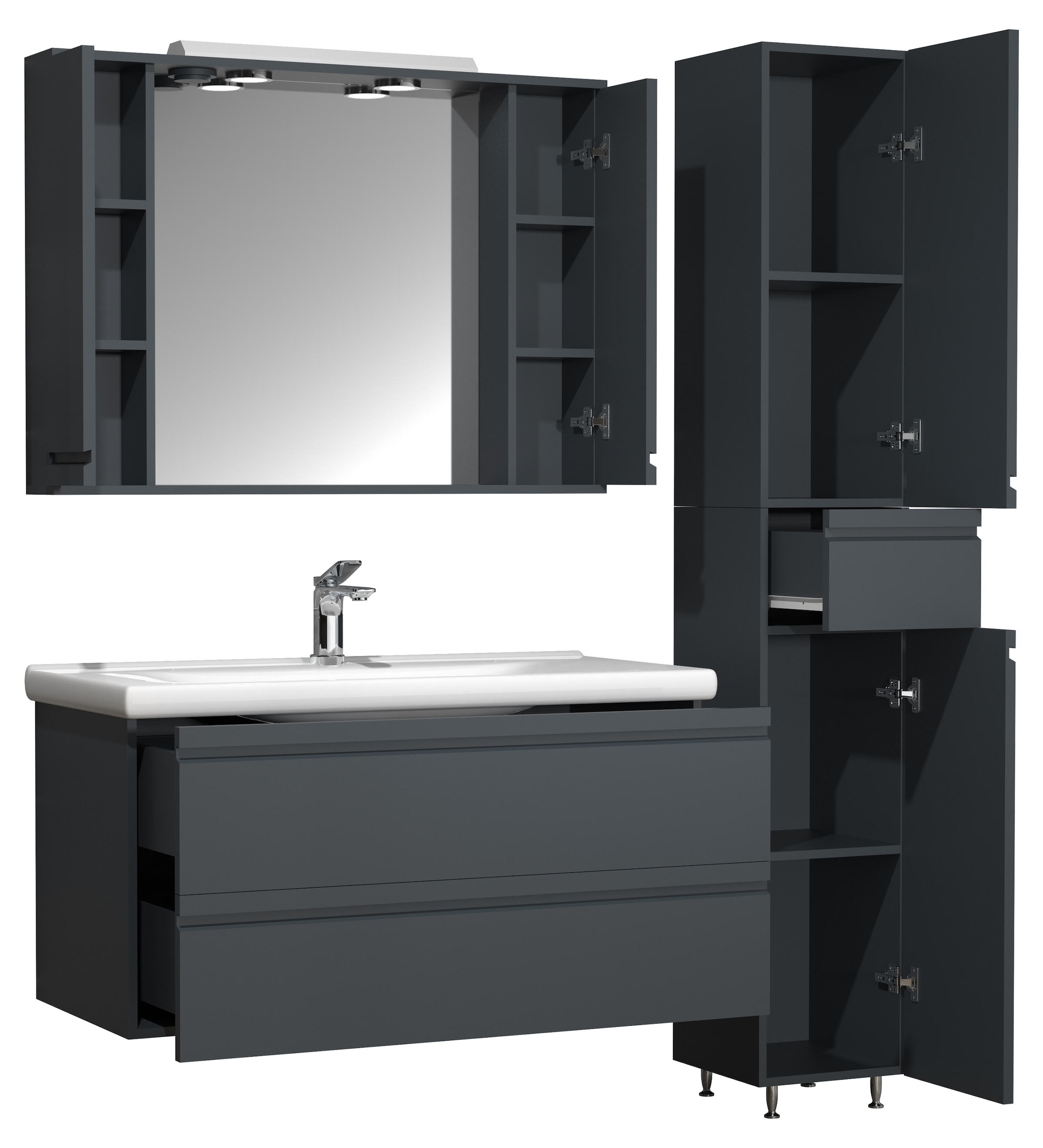 VCM Waschbeckenunterschrank »VCM 4-tlg. Waschplatz Waschtisch 100 cm Badmöbel Set Waschbecken grifflose Schublade Spiegelschrank Hochschrank Silora XL«, (4 St.)