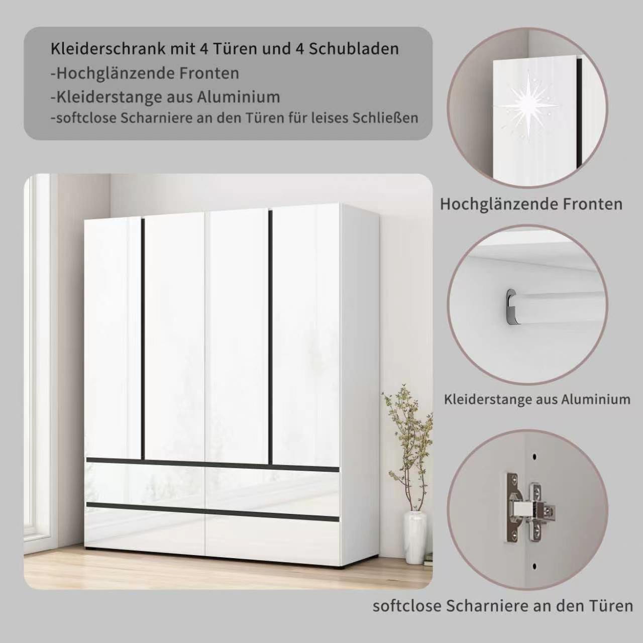 OTTO home Kleiderschrank »Kollin Schlafzimmerschrank mit 4 Türen und 4 Schubladen  Garderobe« Drehtürenschrank mit perfekter Innenausstattung, hochglanz Fronten